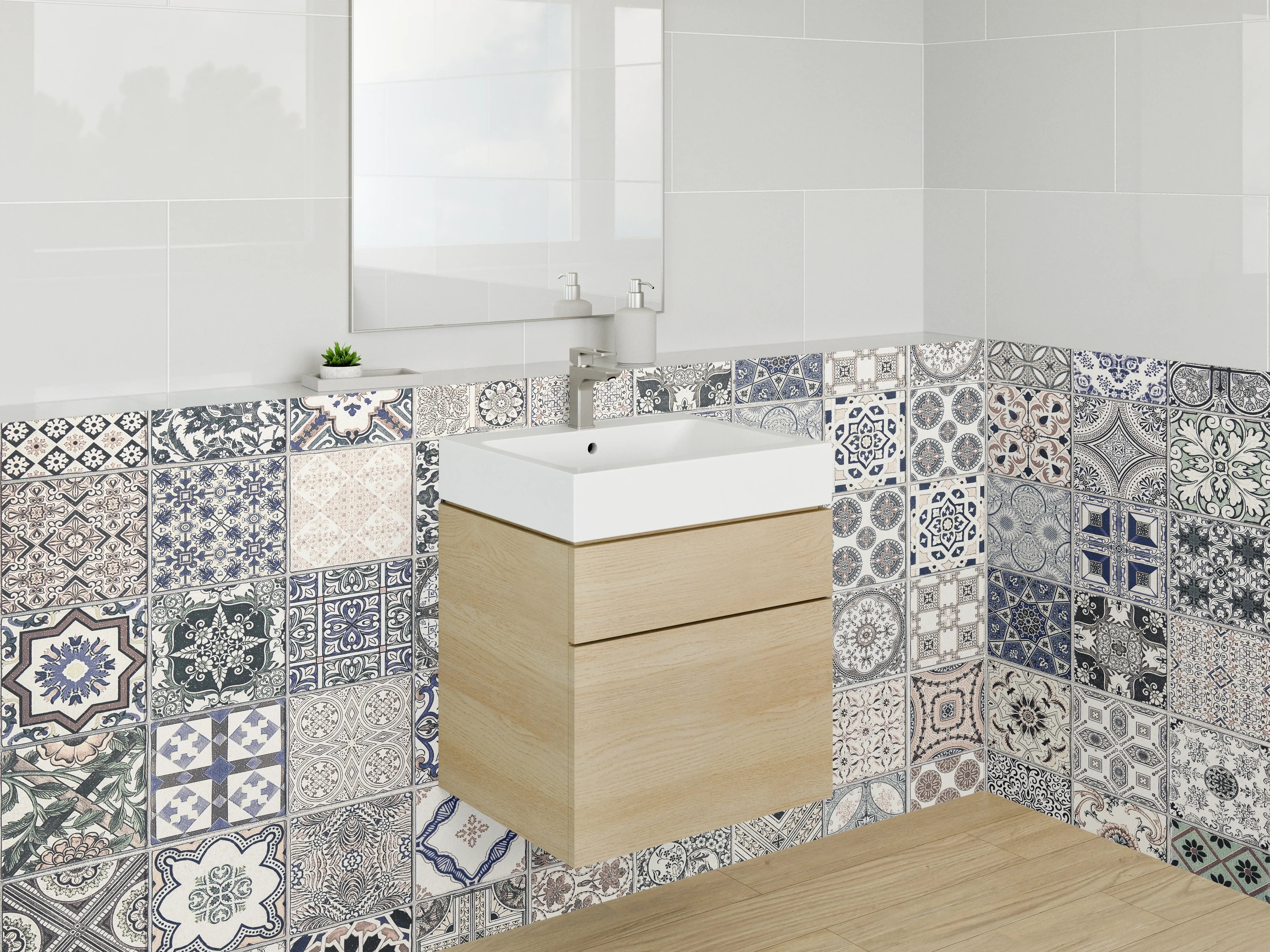 Waschbecken-Rückwand - Blau-Weiße Terrakotta-Fliesen im Retro-Design