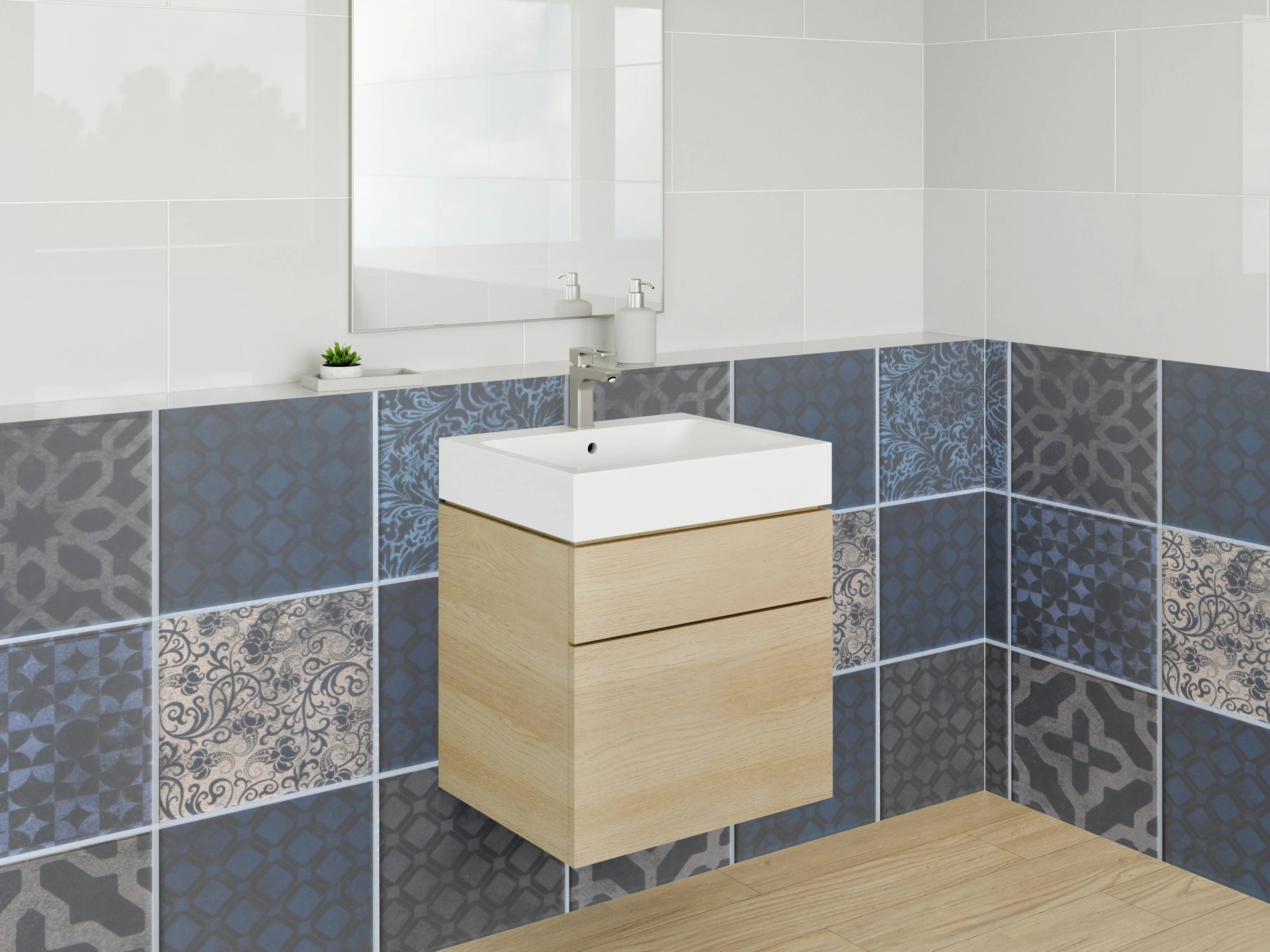 Waschbecken-Rückwand - Blau gemusterte Retro-Fliesenoptik