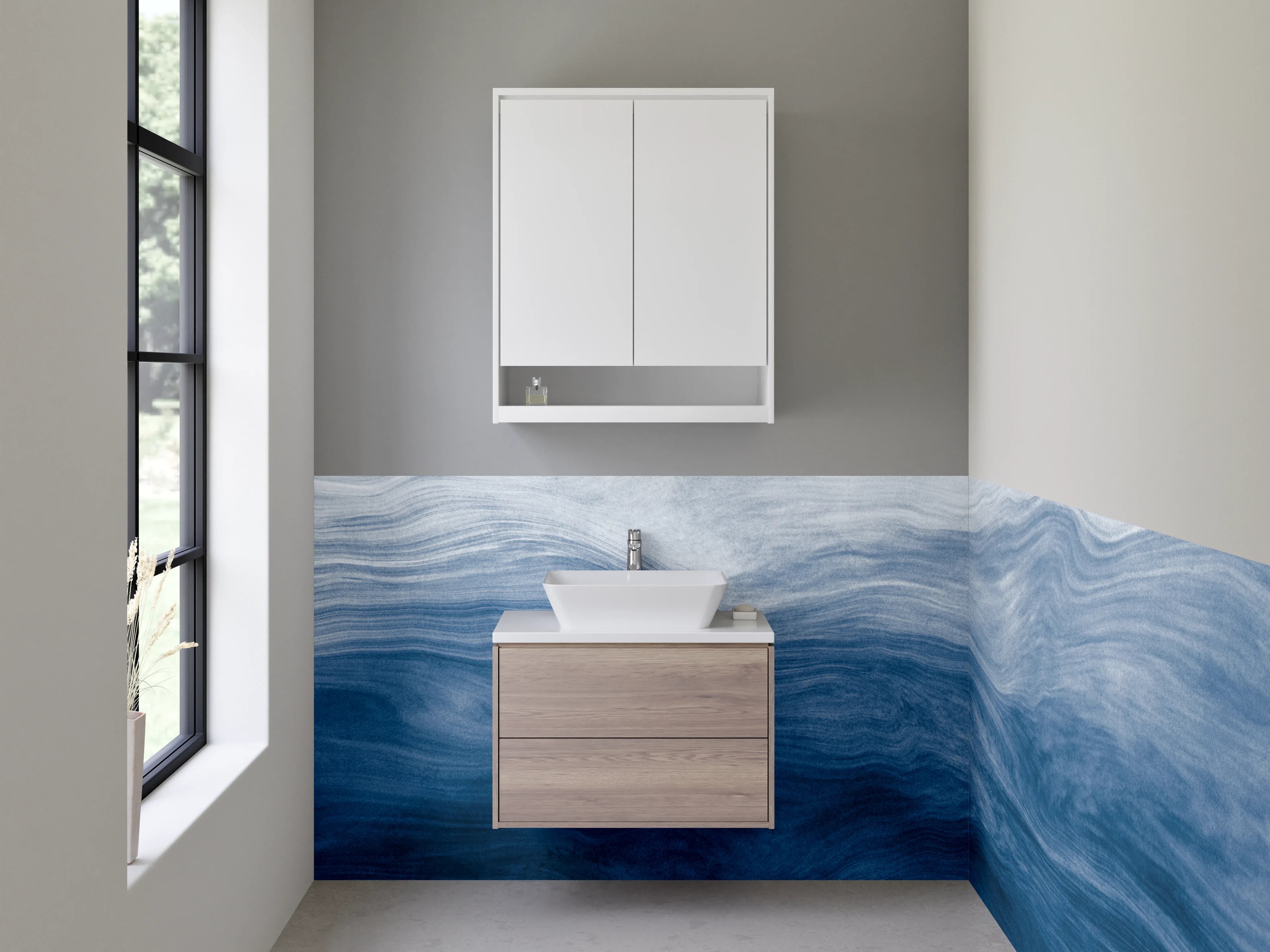 Waschbecken-Rückwand - Blau-weiße Wellenstruktur Aquarell Optik