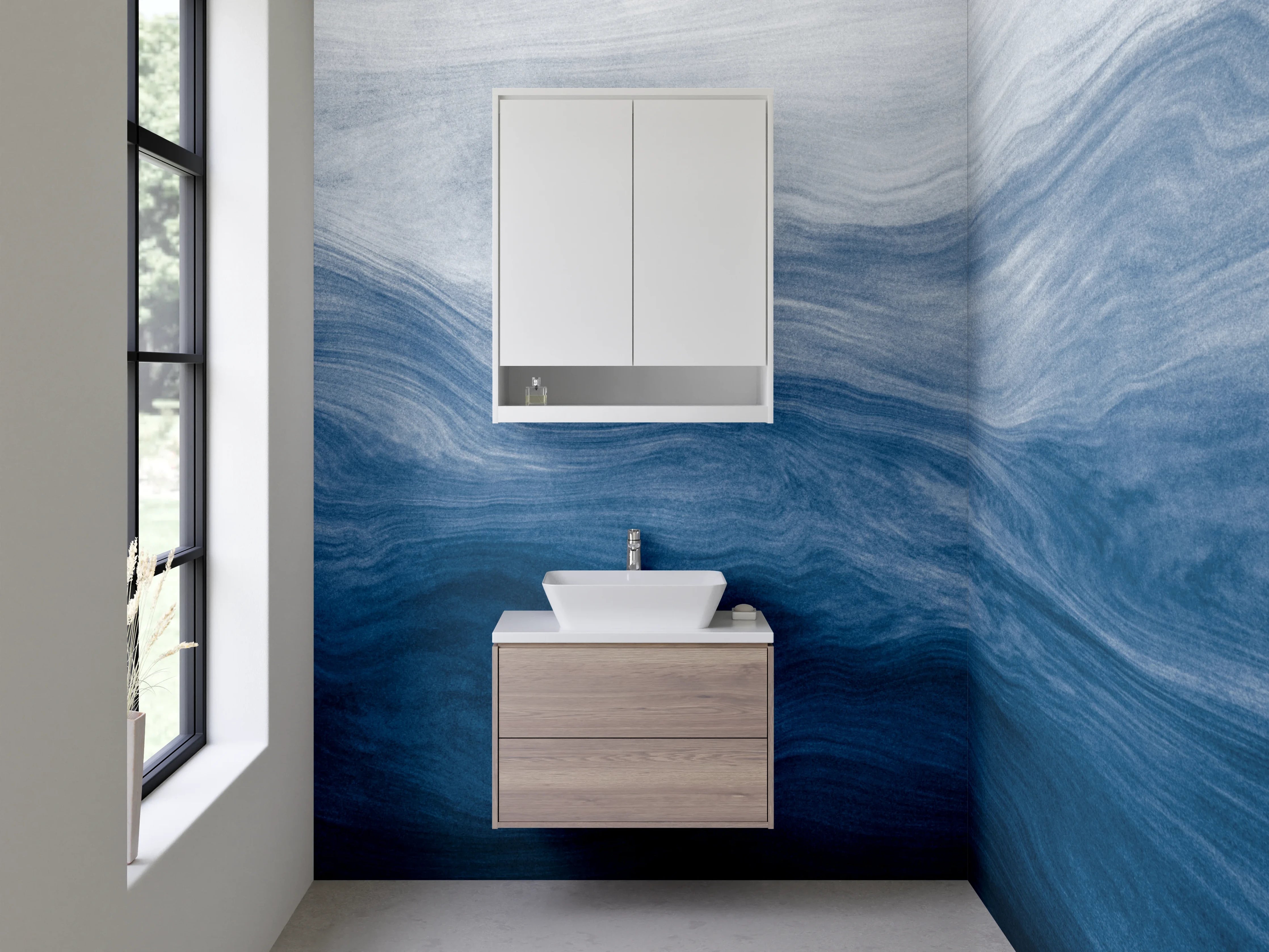 Waschbecken-Rückwand - Blau-weiße Wellenstruktur Aquarell Optik