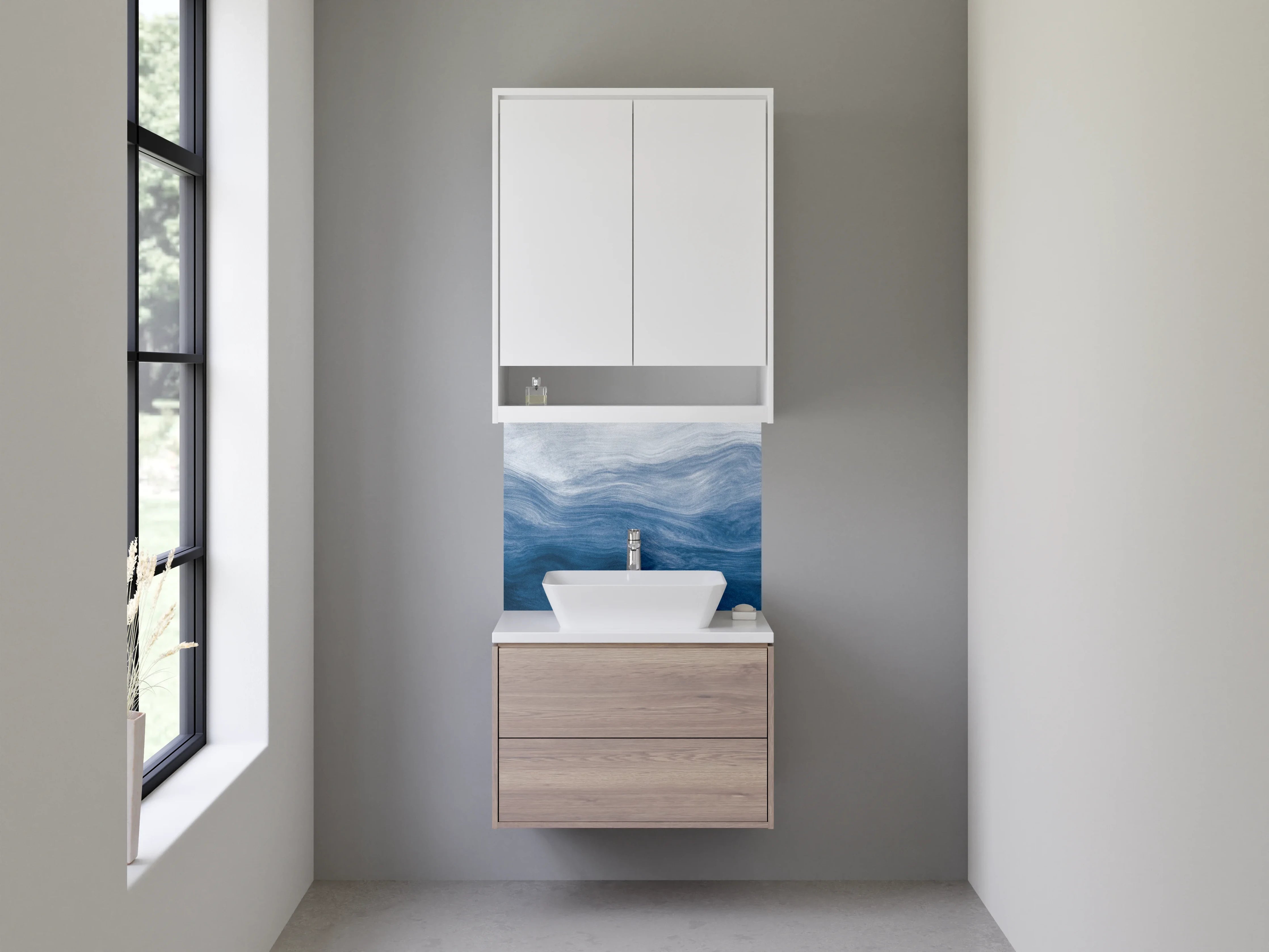 Waschbecken-Rückwand - Blau-weiße Wellenstruktur Aquarell Optik