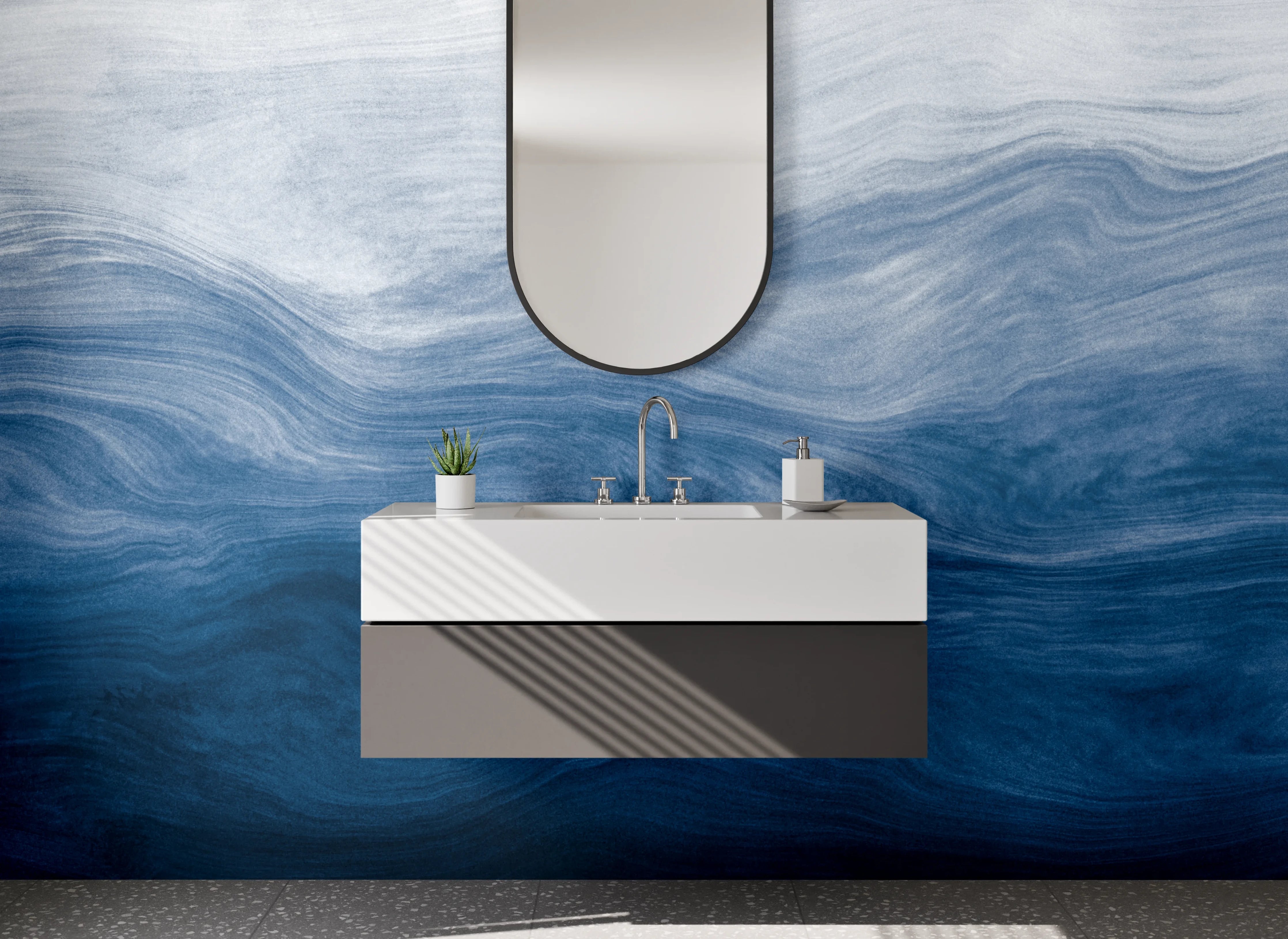 Waschbecken-Rückwand - Blau-weiße Wellenstruktur Aquarell Optik
