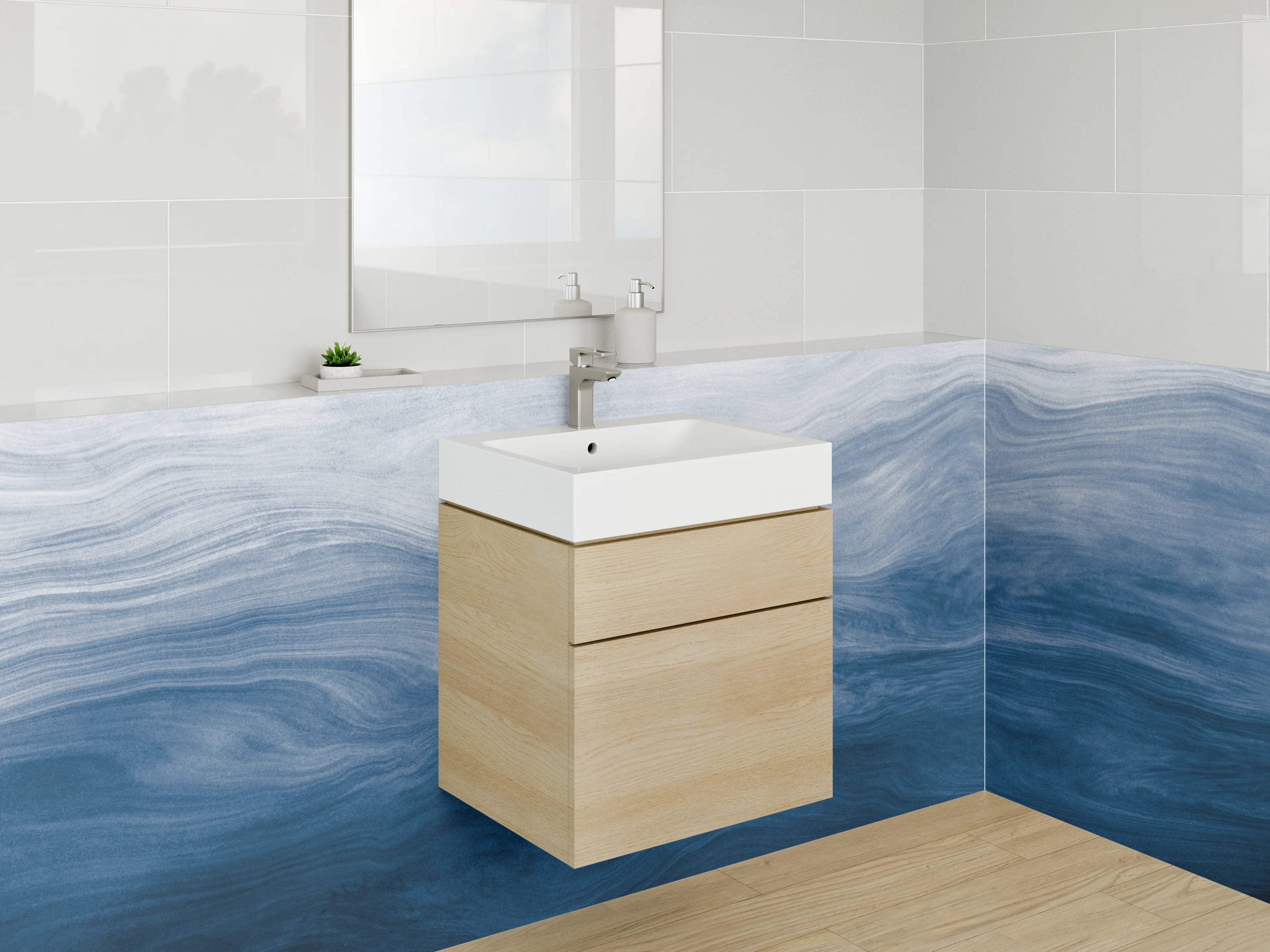 Waschbecken-Rückwand - Blau-weiße Wellenstruktur Aquarell Optik
