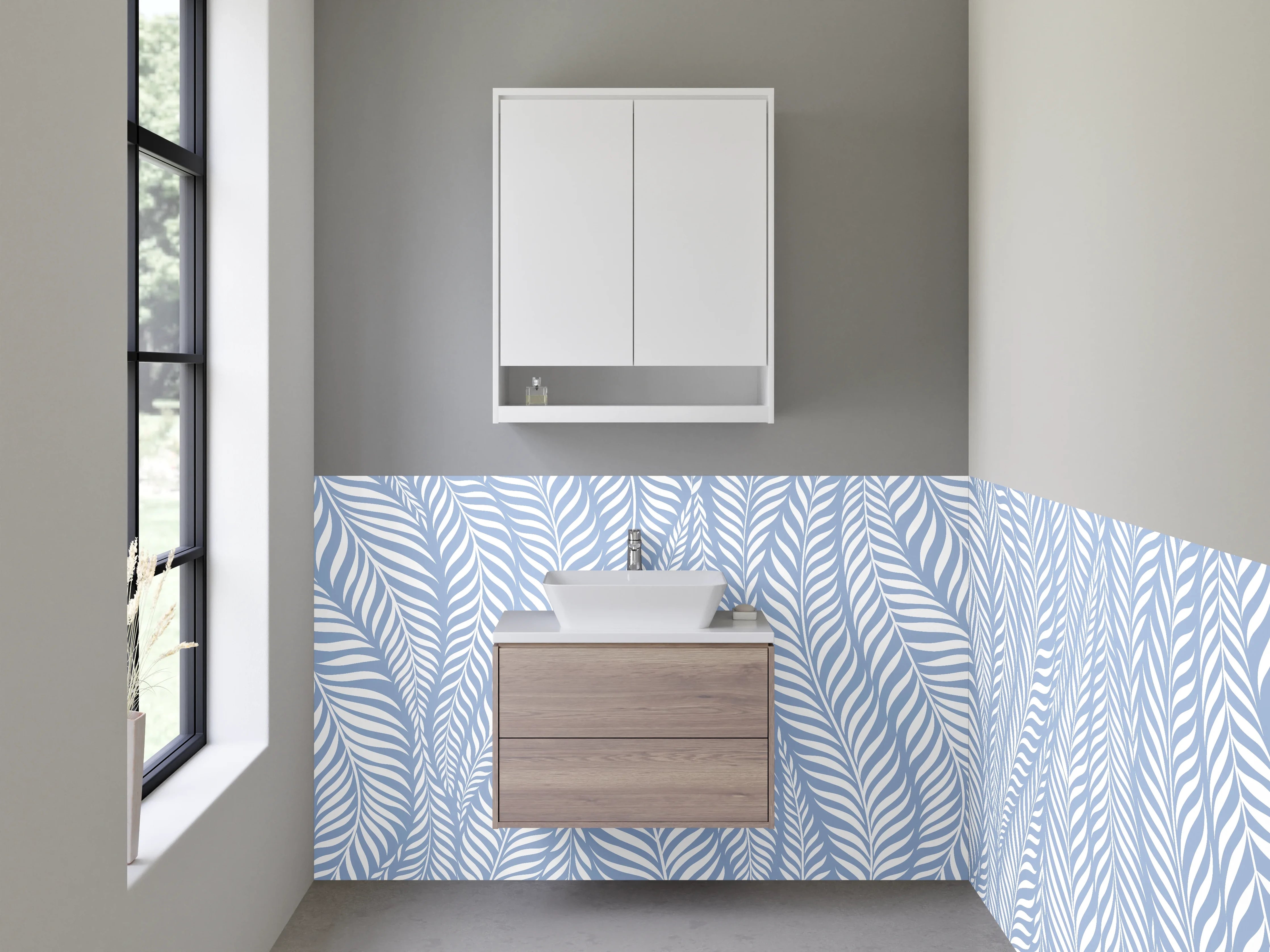 Waschbecken-Rückwand - Blau-weißes Blätter Design Muster