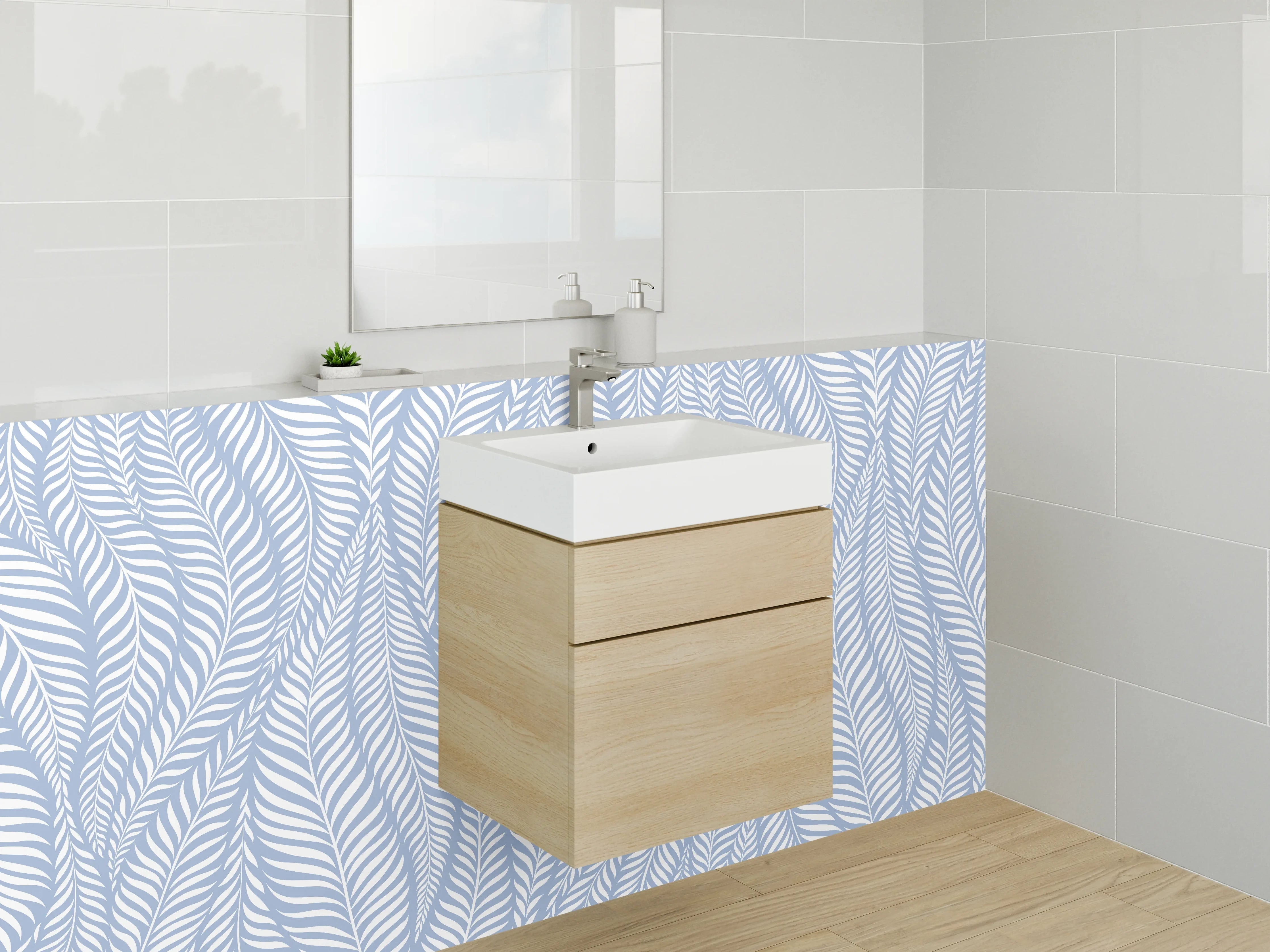 Waschbecken-Rückwand - Blau-weißes Blätter Design Muster