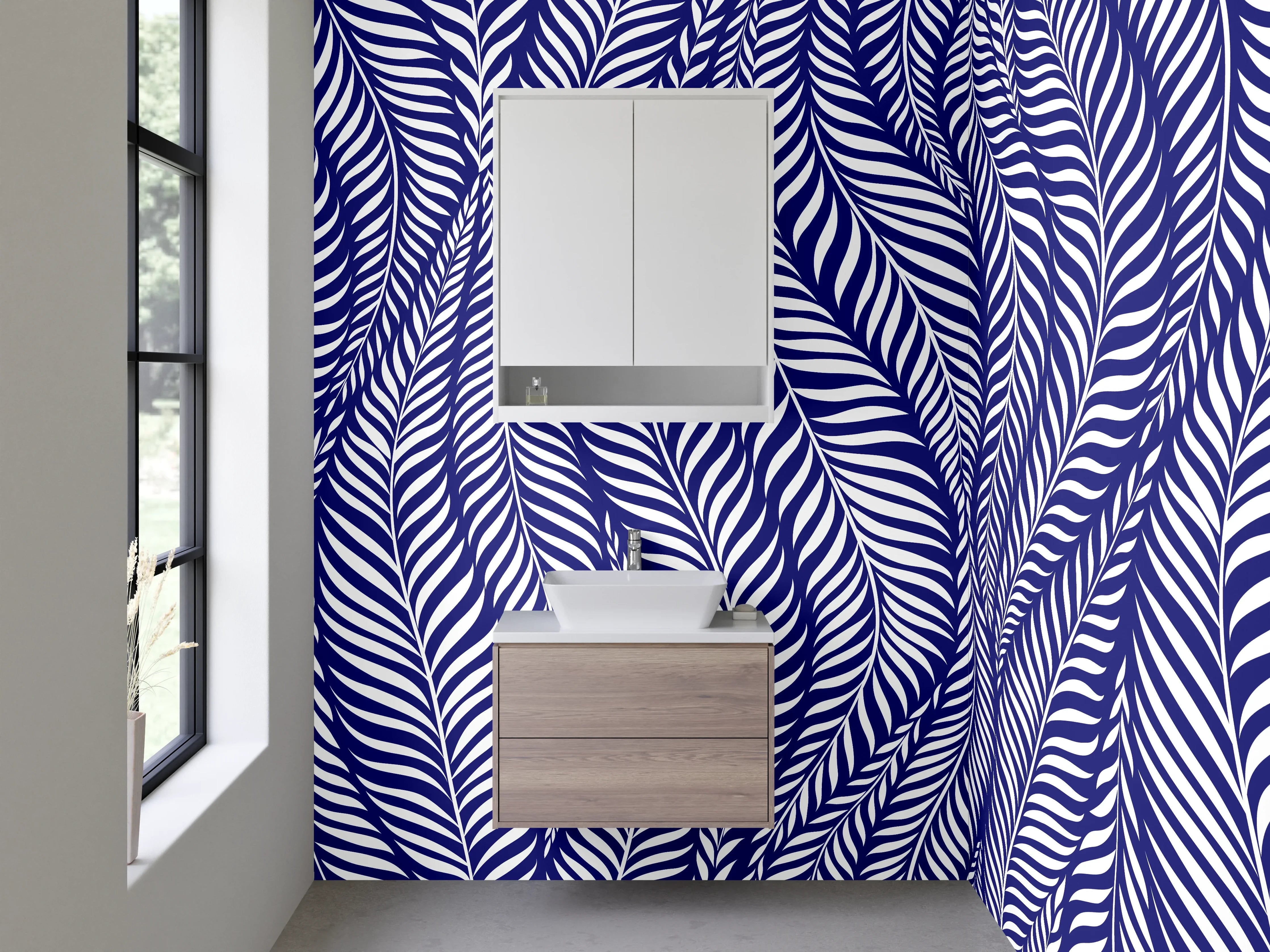 Waschbecken-Rückwand - Blau-weißes Blättermuster modern