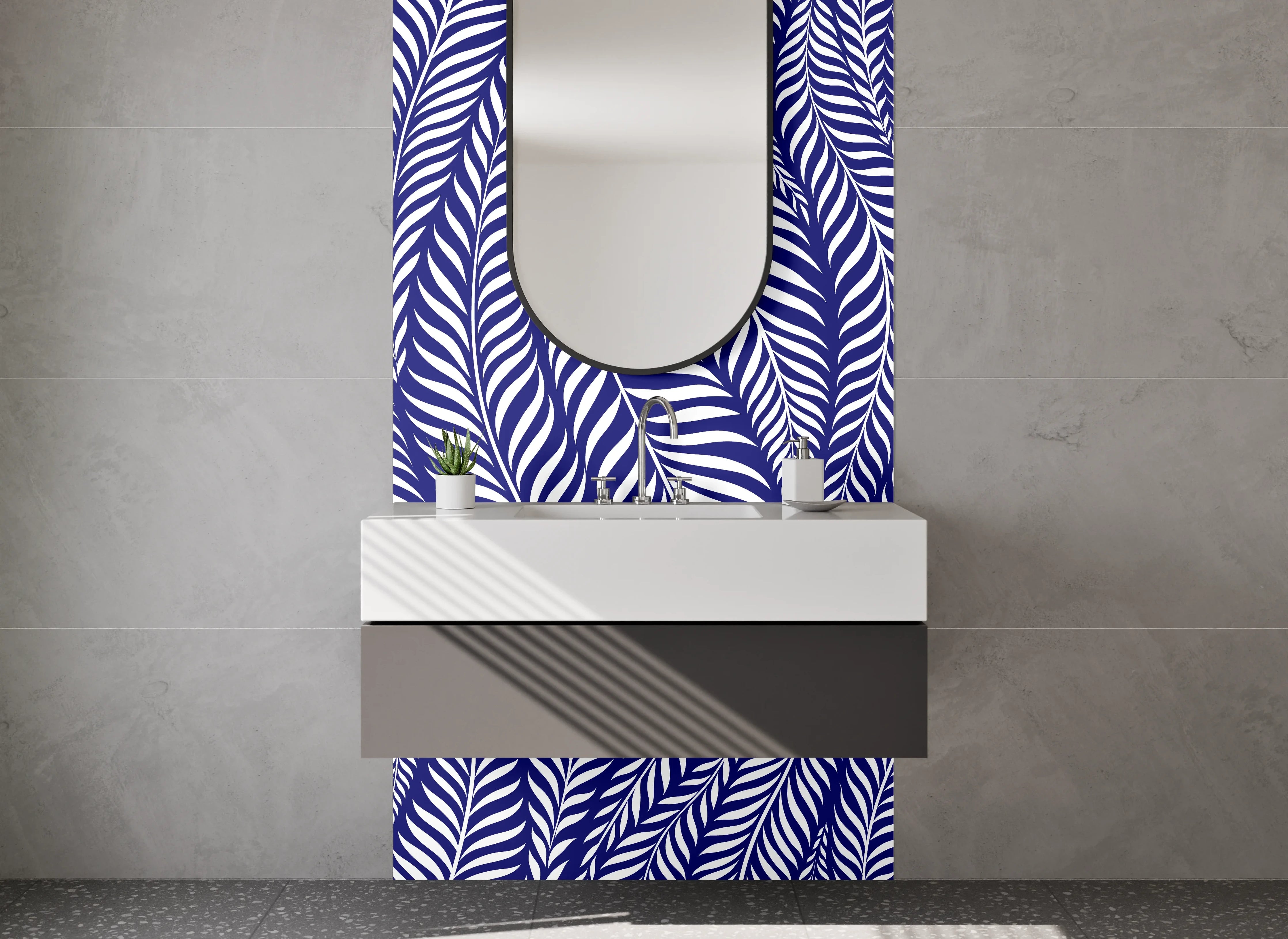 Waschbecken-Rückwand - Blau-weißes Blättermuster modern