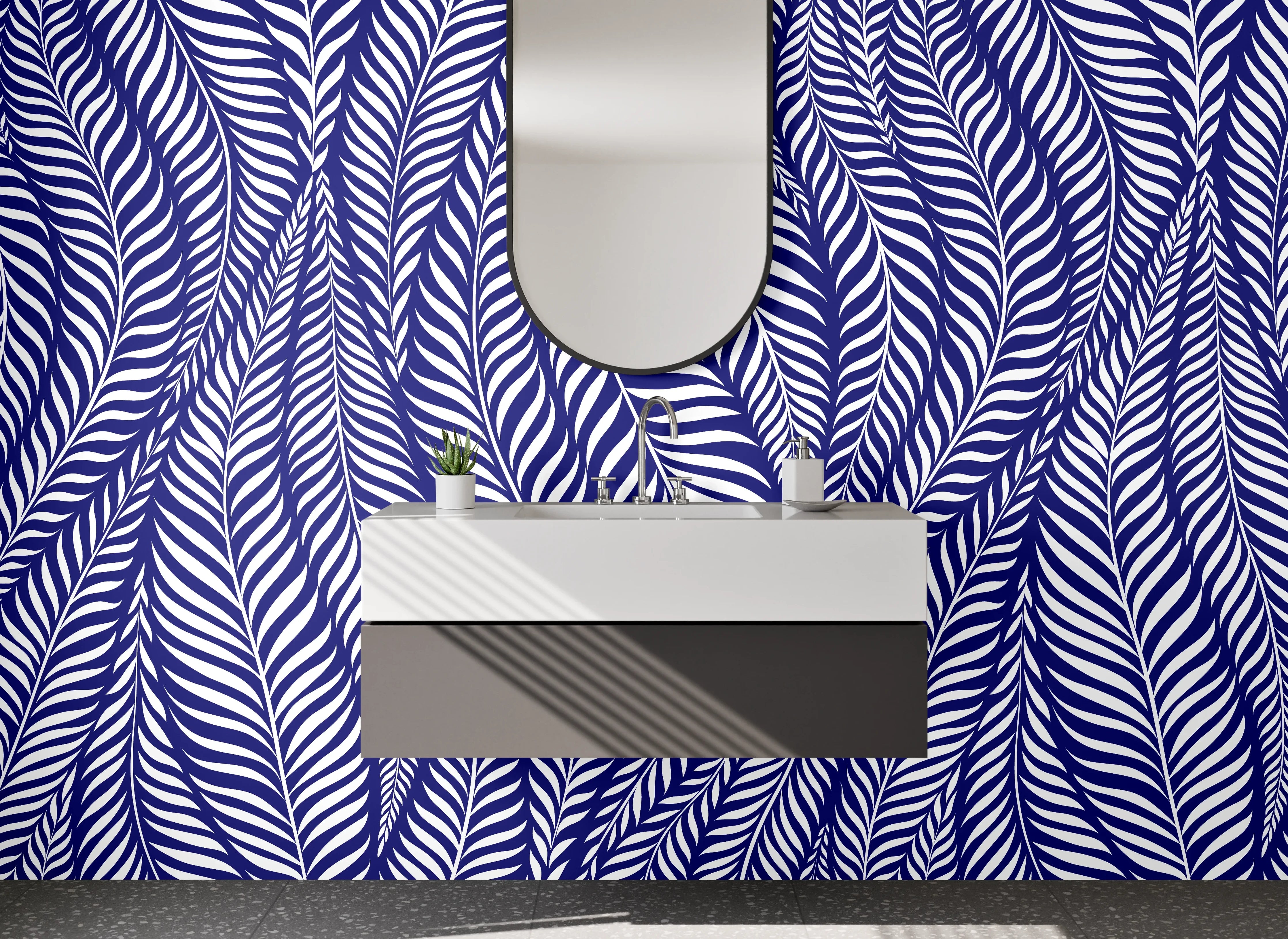 Waschbecken-Rückwand - Blau-weißes Blättermuster modern