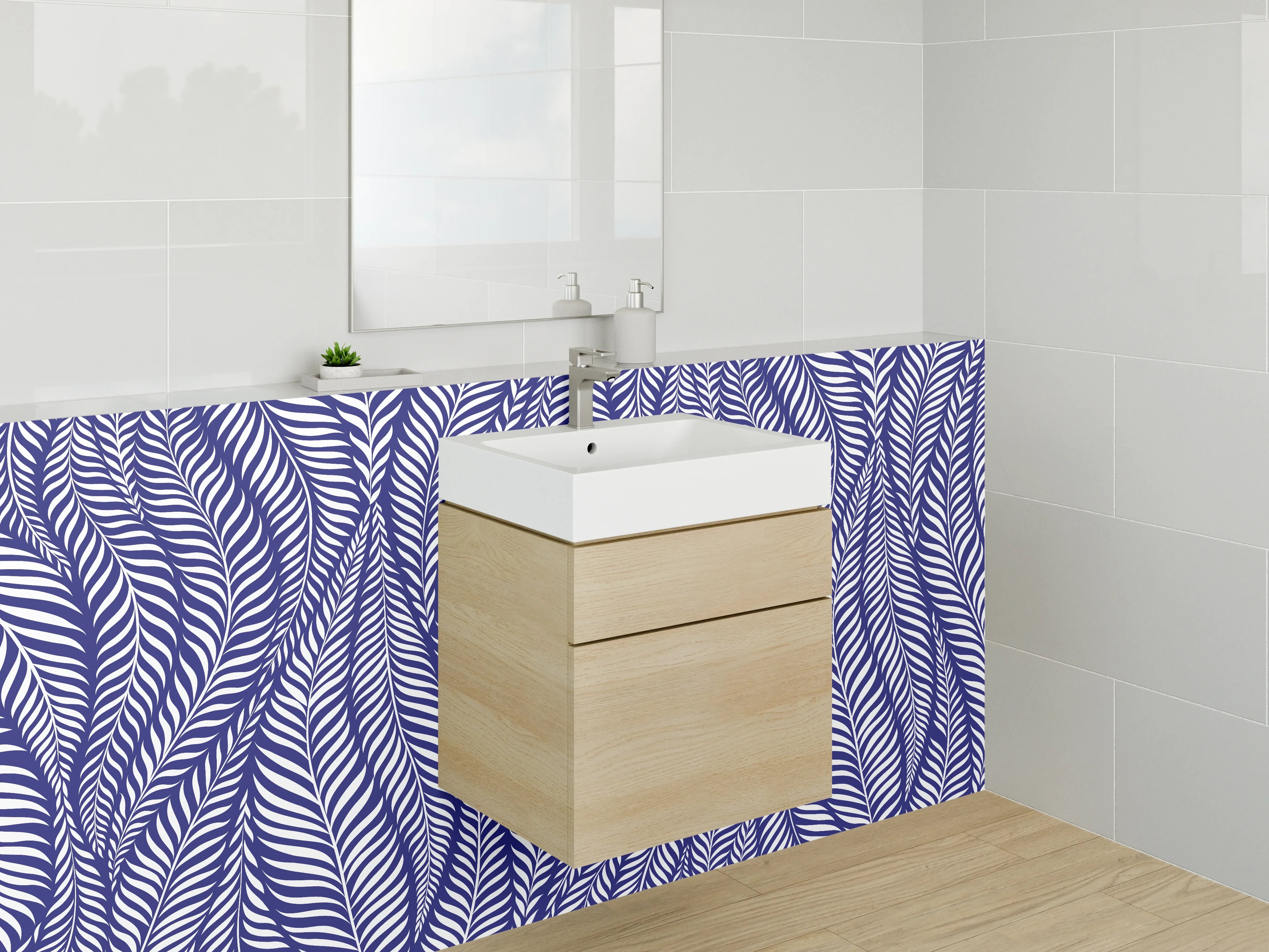 Waschbecken-Rückwand - Blau-weißes Blättermuster modern