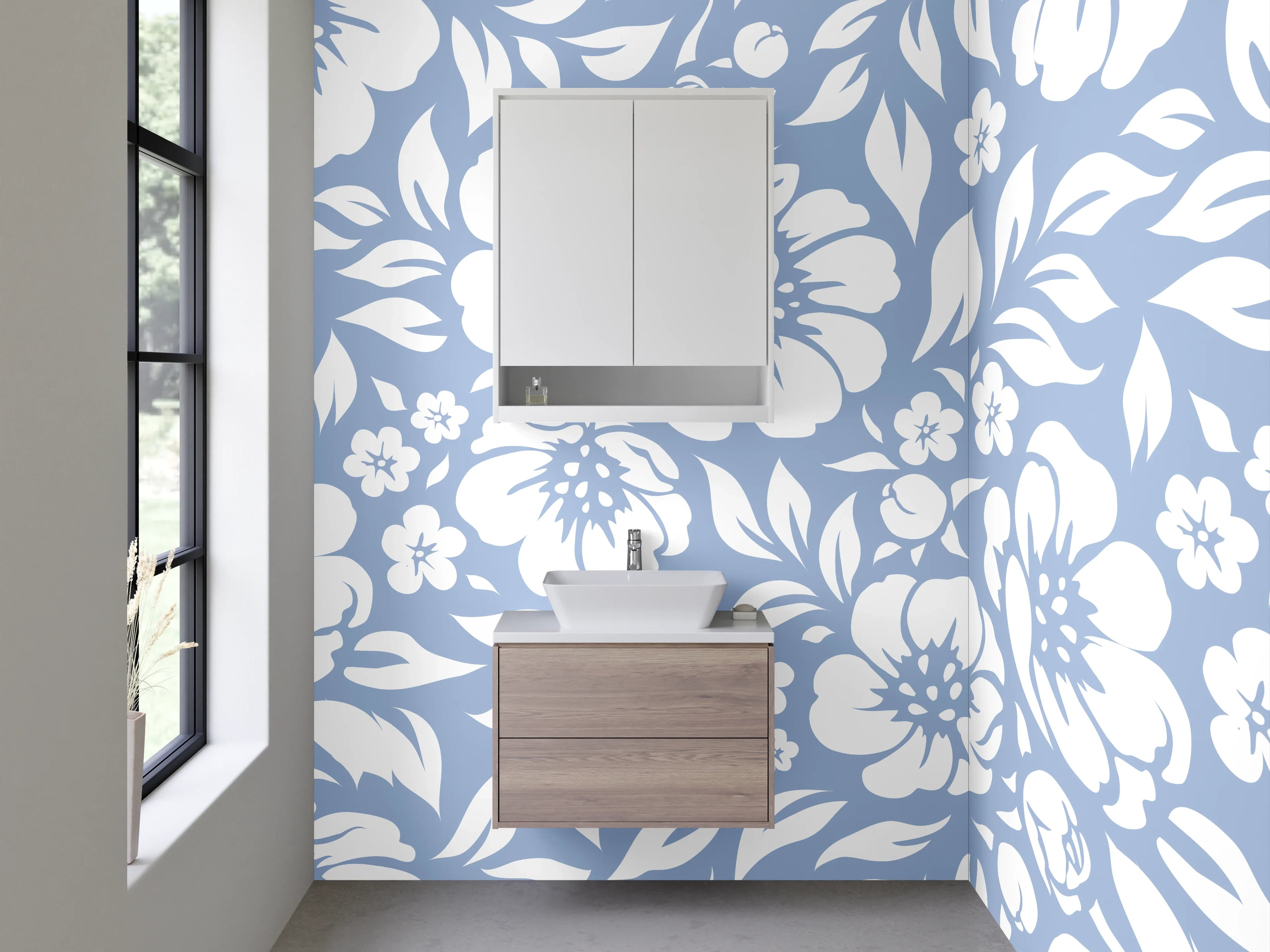 Waschbecken-Rückwand - Blau-weißes Blumenmuster Design