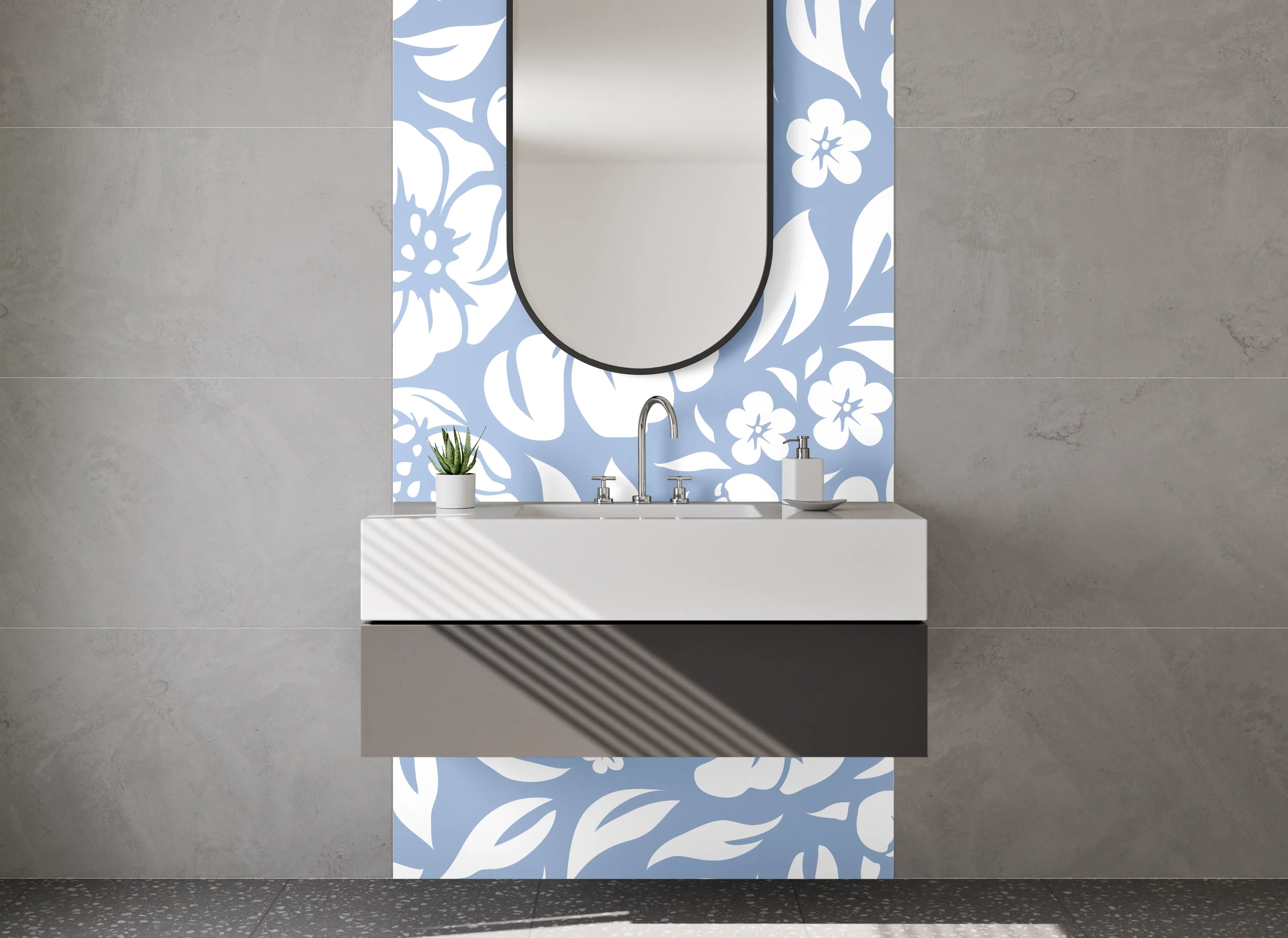 Waschbecken-Rückwand - Blau-weißes Blumenmuster Design