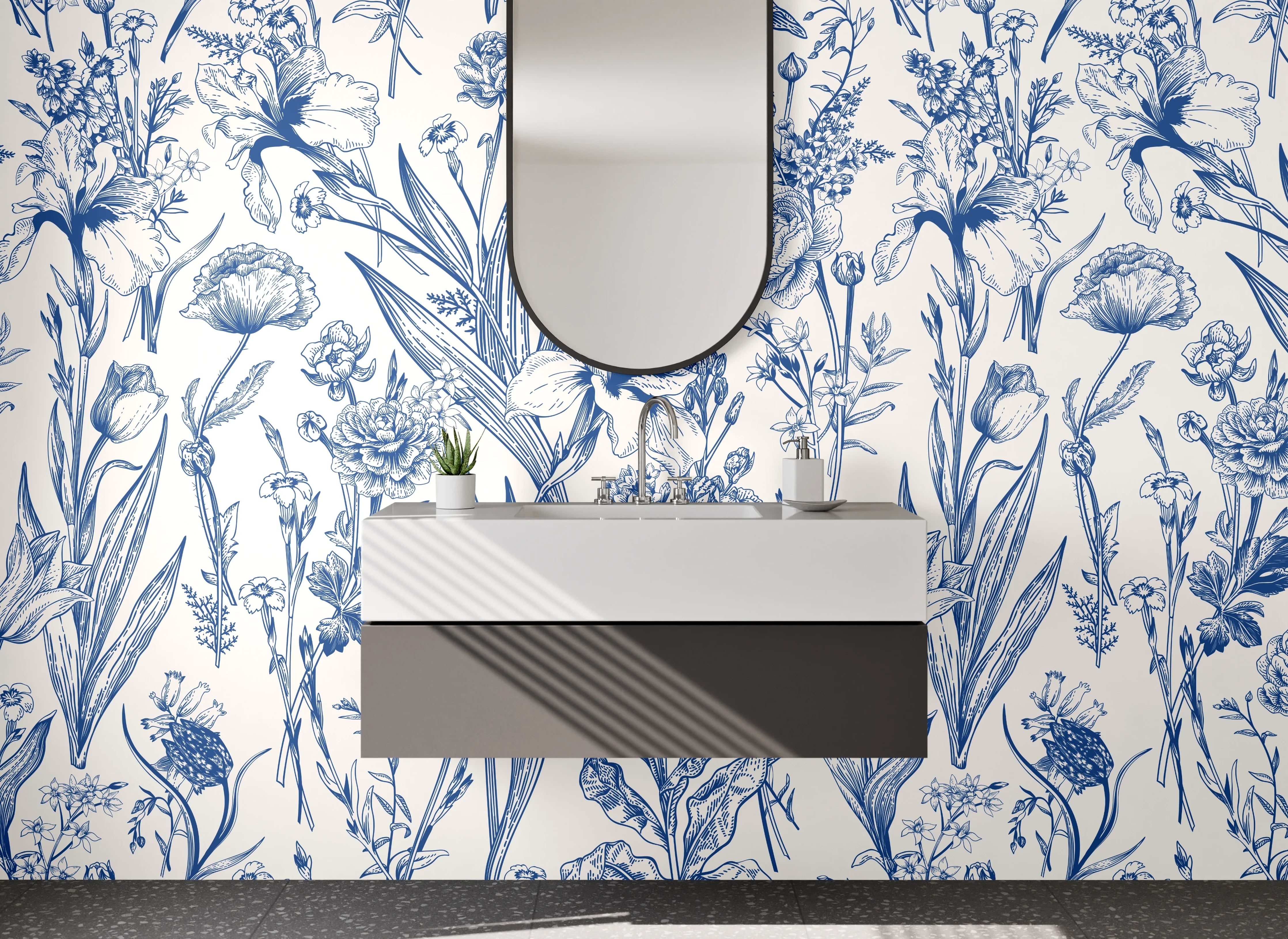 Waschbecken-Rückwand - Blau-weißes Blumenmuster Illustration