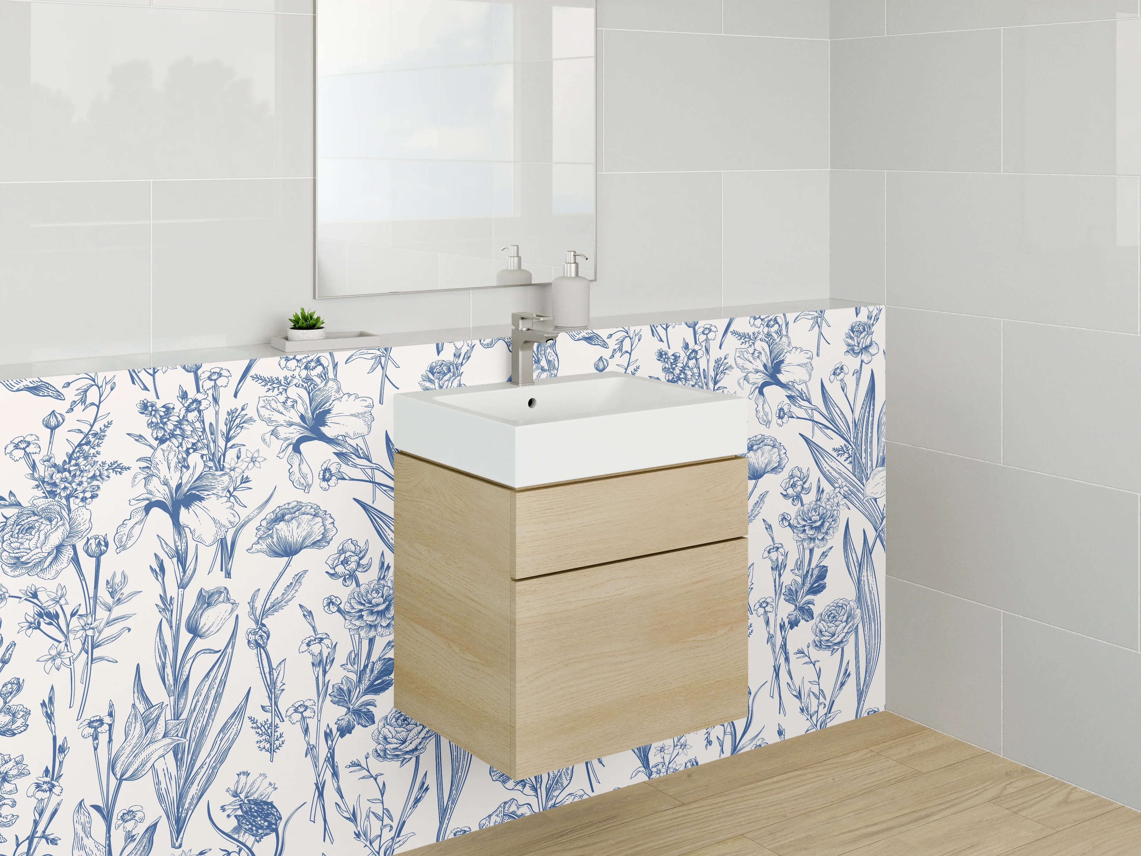 Waschbecken-Rückwand - Blau-weißes Blumenmuster Illustration