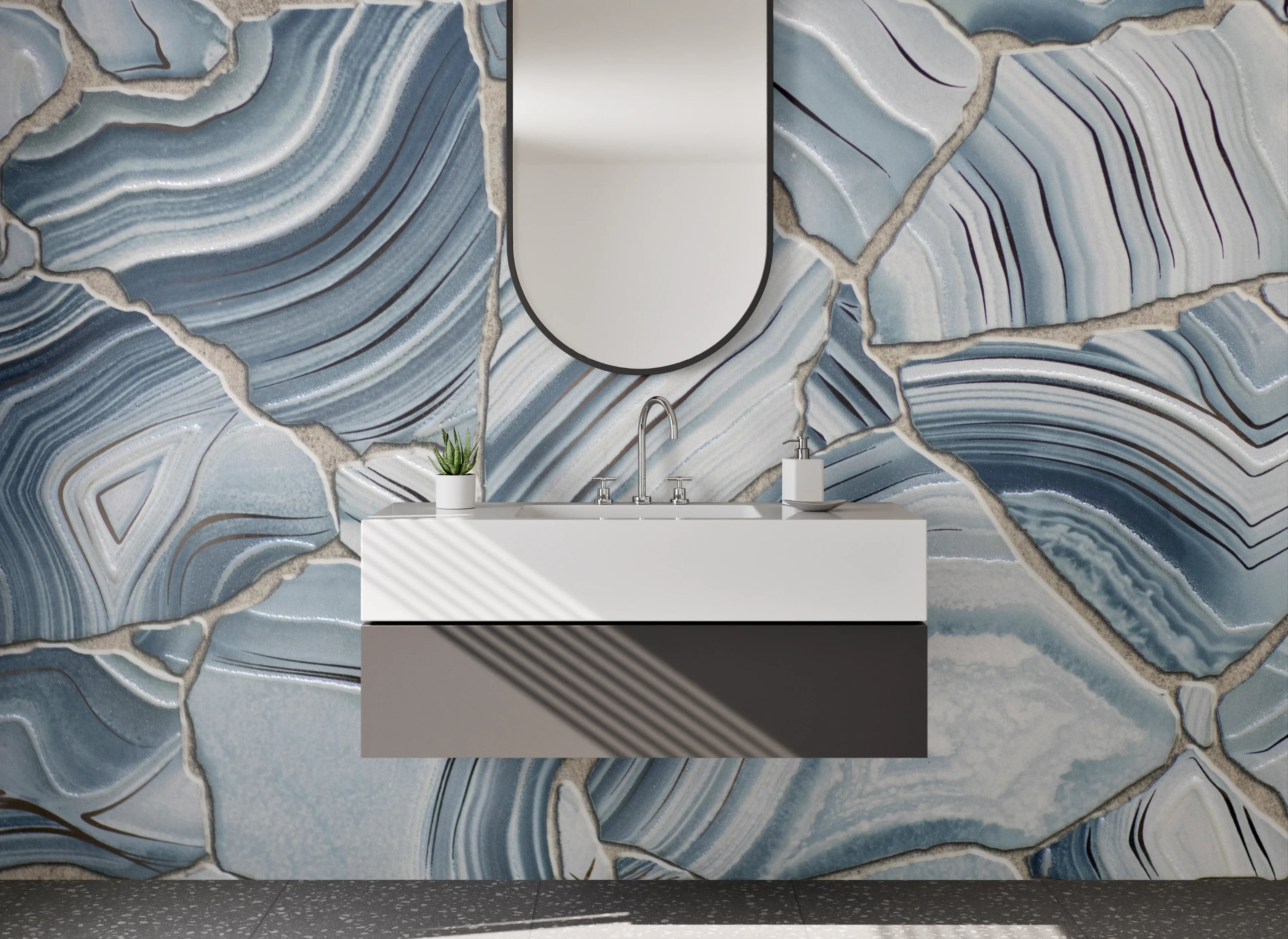 Waschbecken-Rückwand - Blaue Achat-Marmoroptik Musterfliesen
