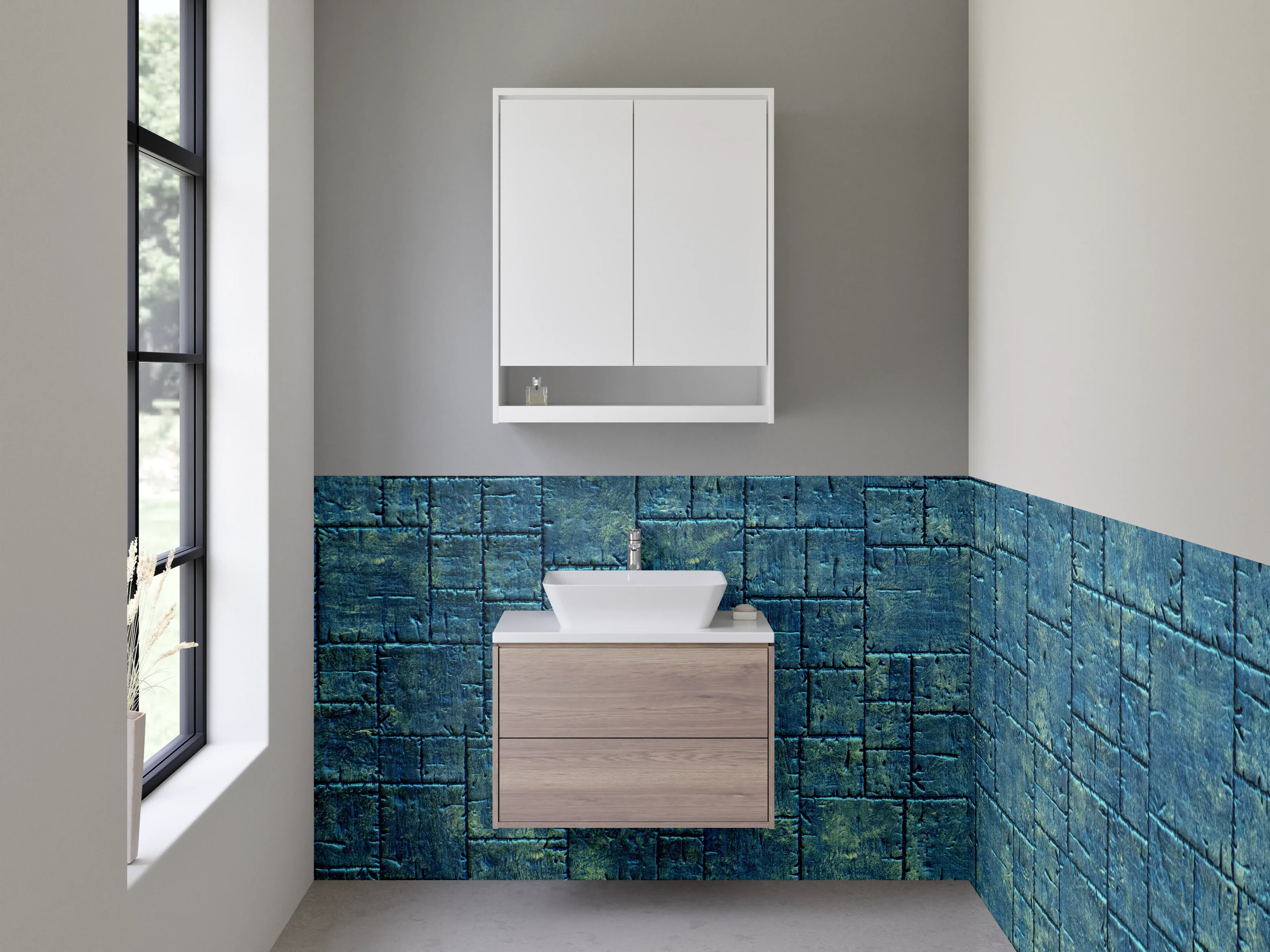 Waschbecken-Rückwand - Blaue Beton-Mosaikoptik fürs Bad