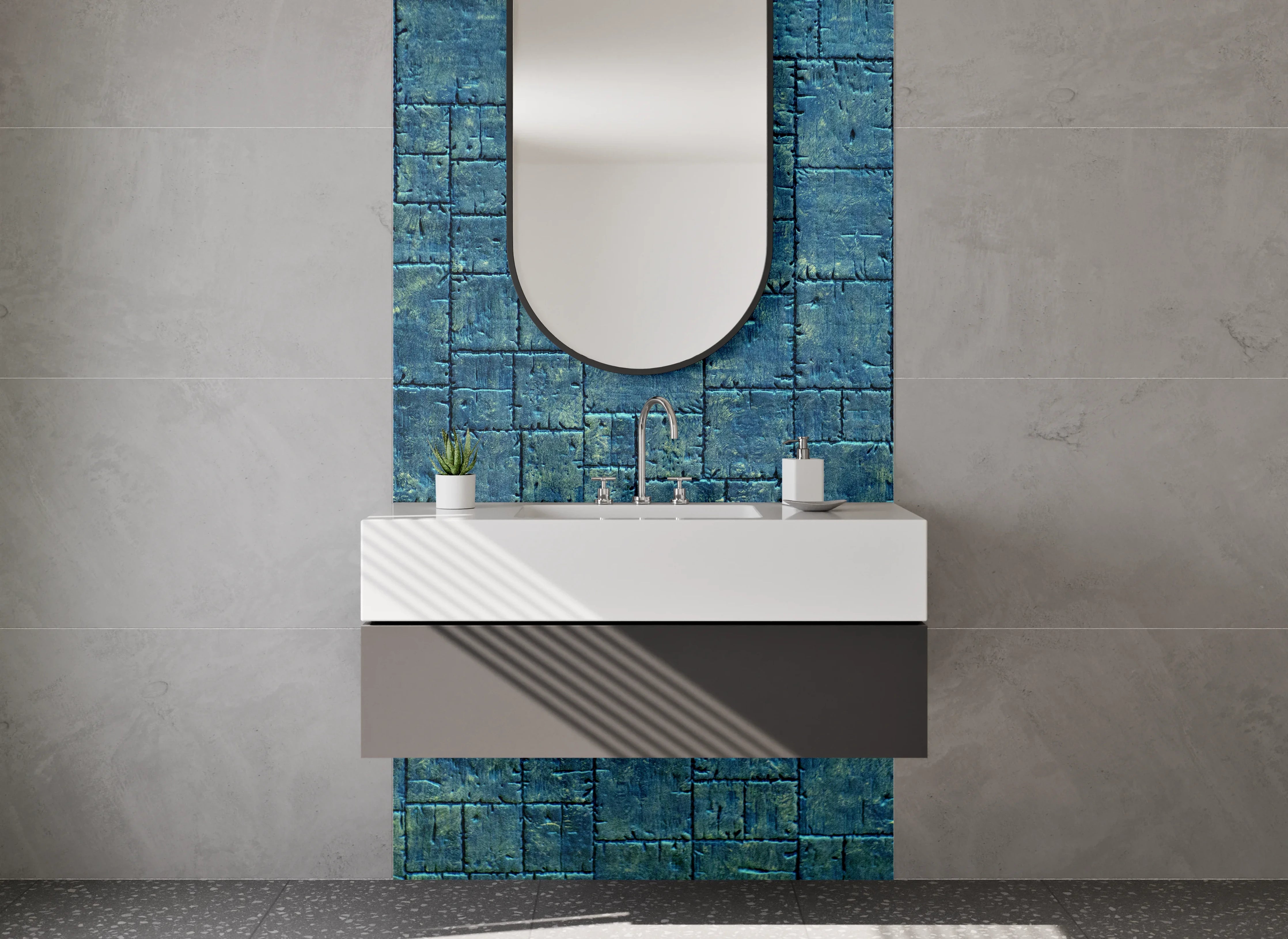 Waschbecken-Rückwand - Blaue Beton-Mosaikoptik fürs Bad