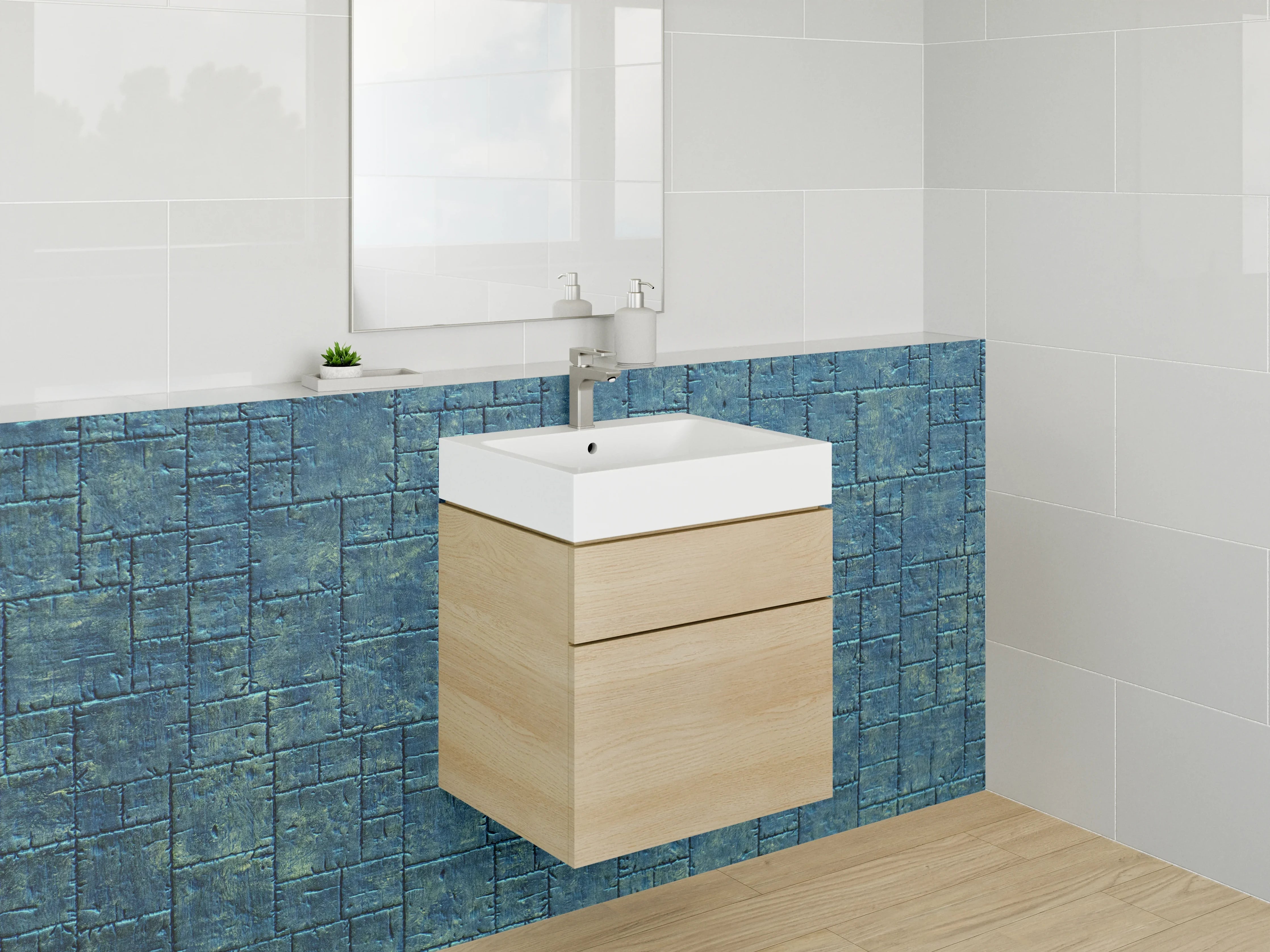 Waschbecken-Rückwand - Blaue Beton-Mosaikoptik fürs Bad