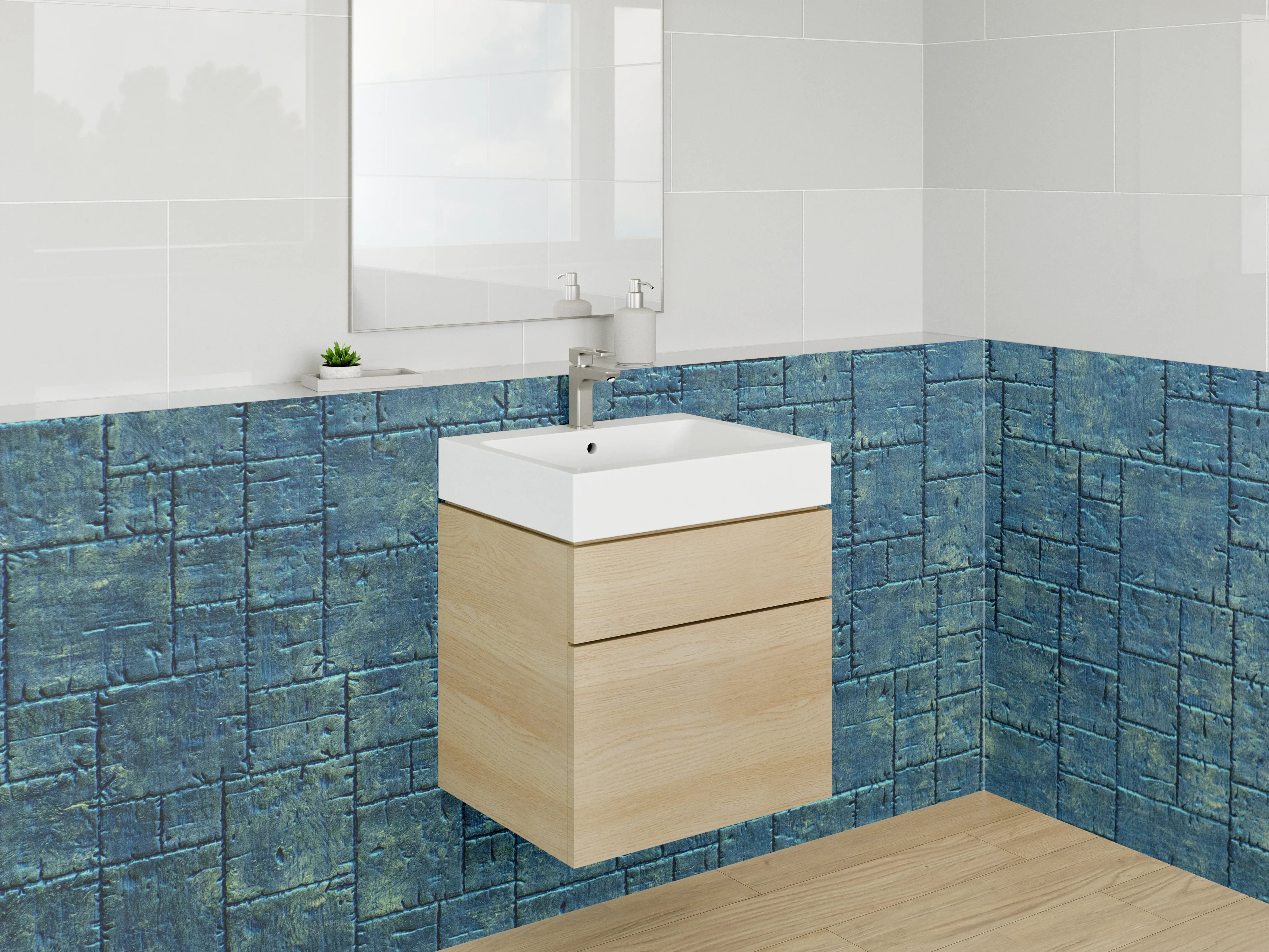 Waschbecken-Rückwand - Blaue Beton-Mosaikoptik fürs Bad