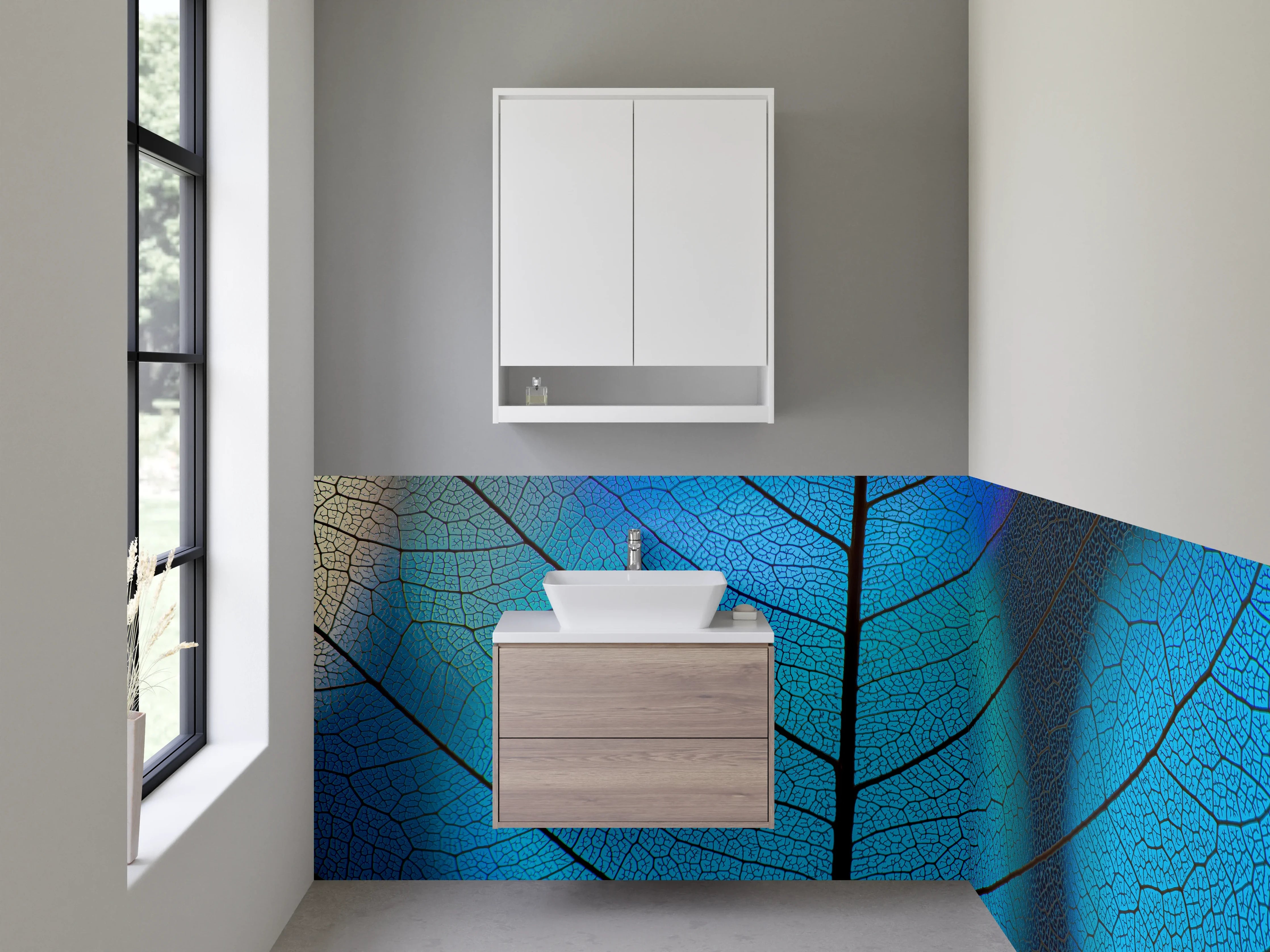 Waschbecken-Rückwand - Blaue Blattform mit feinen Adern