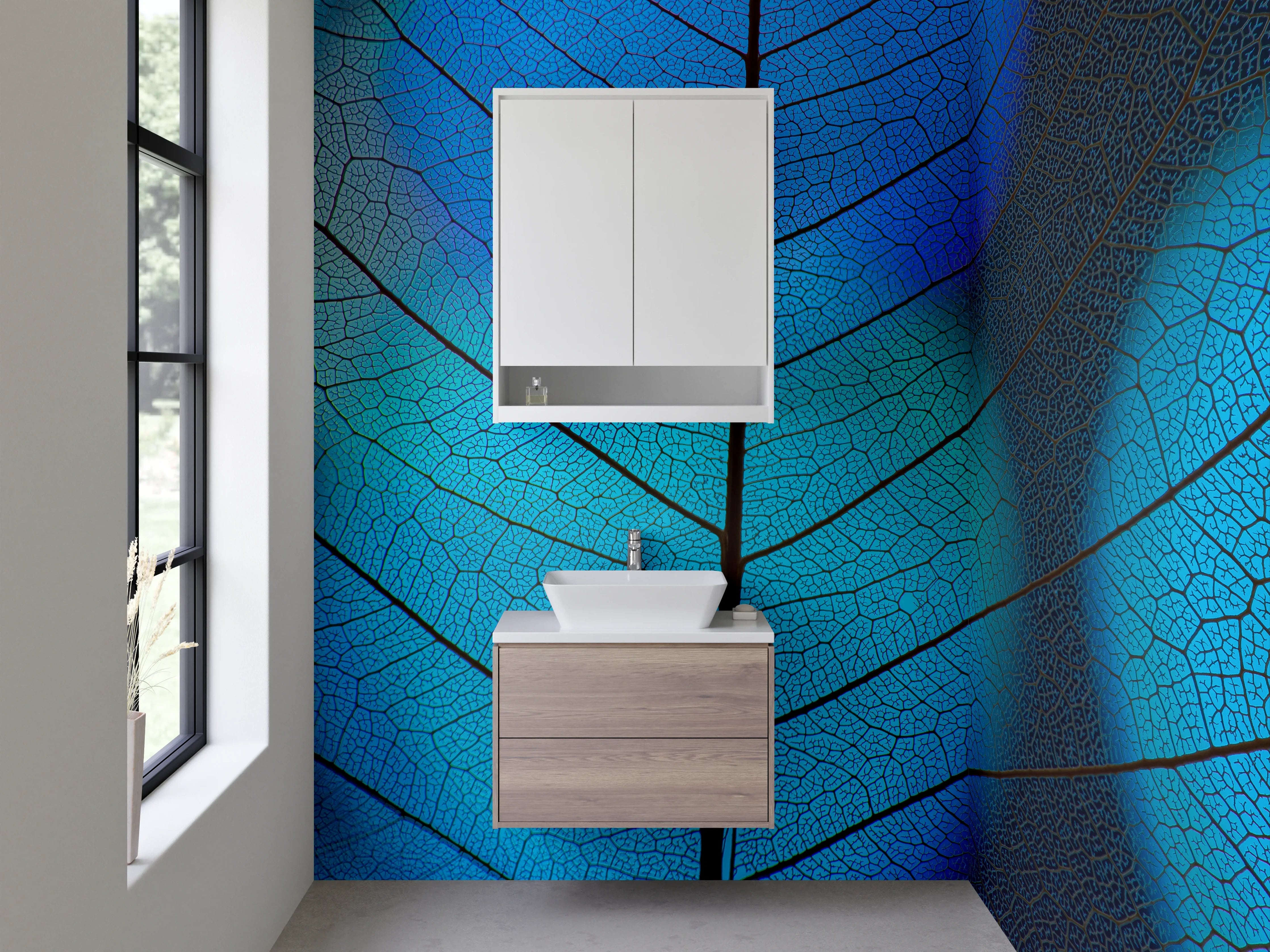 Waschbecken-Rückwand - Blaue Blattform mit feinen Adern