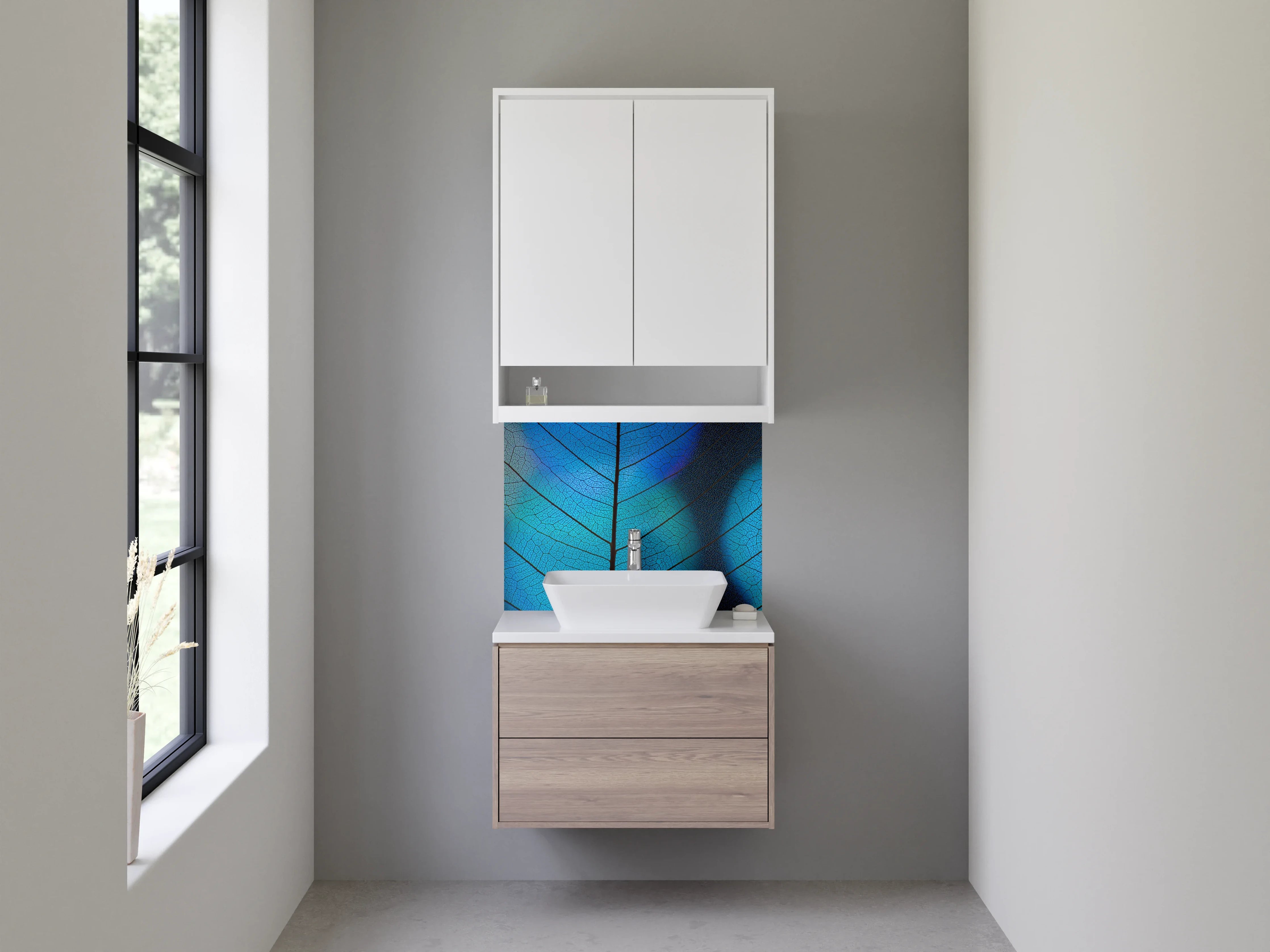 Waschbecken-Rückwand - Blaue Blattform mit feinen Adern