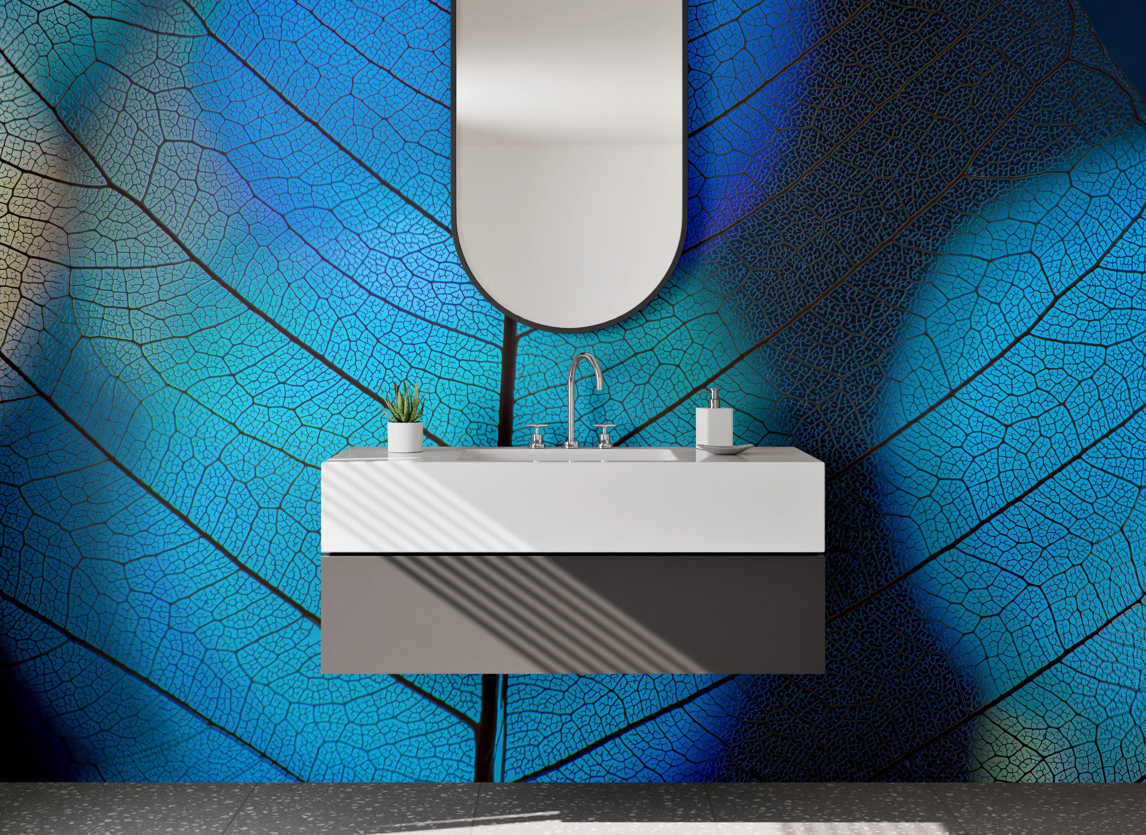 Waschbecken-Rückwand - Blaue Blattform mit feinen Adern