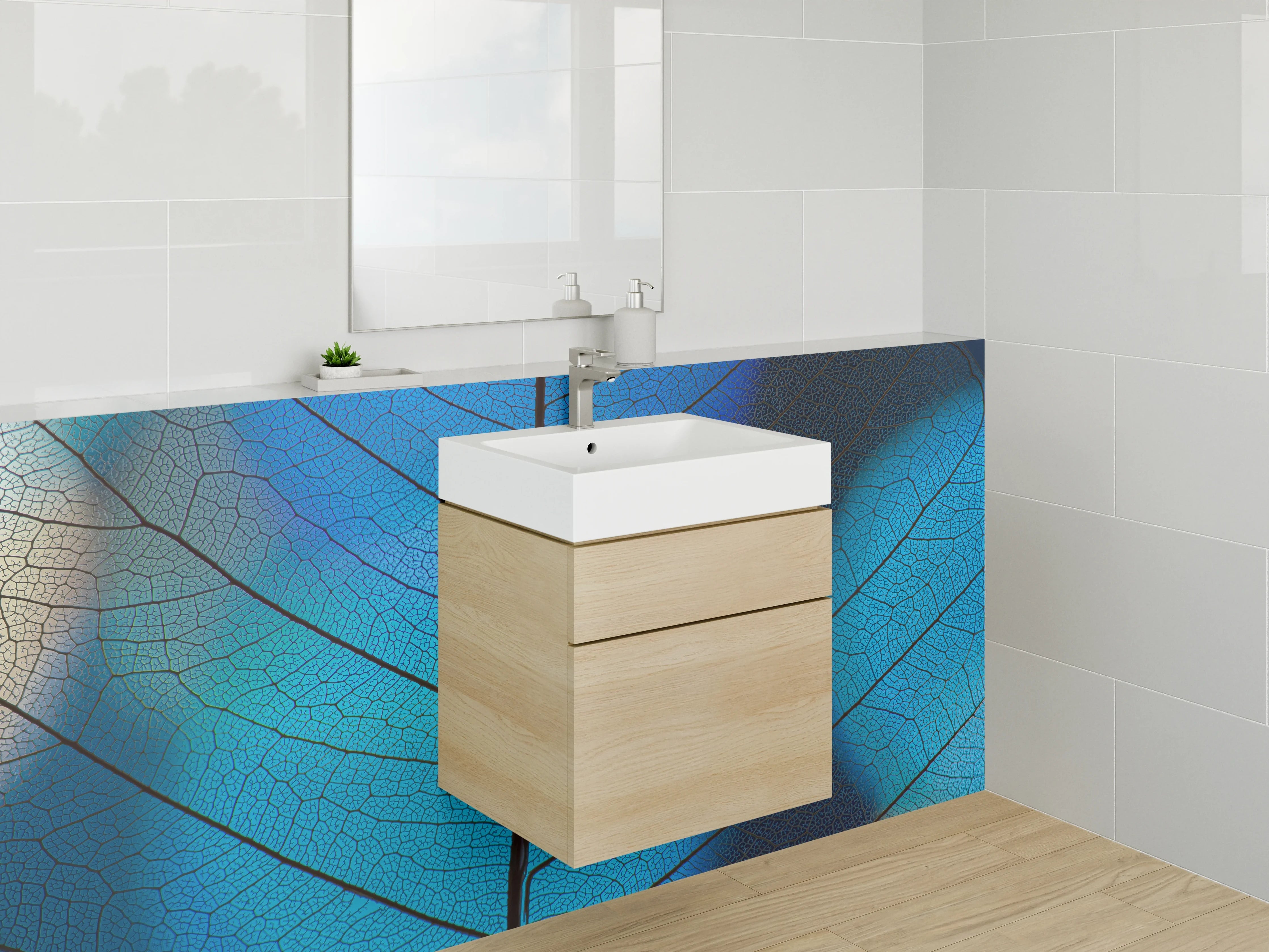 Waschbecken-Rückwand - Blaue Blattform mit feinen Adern