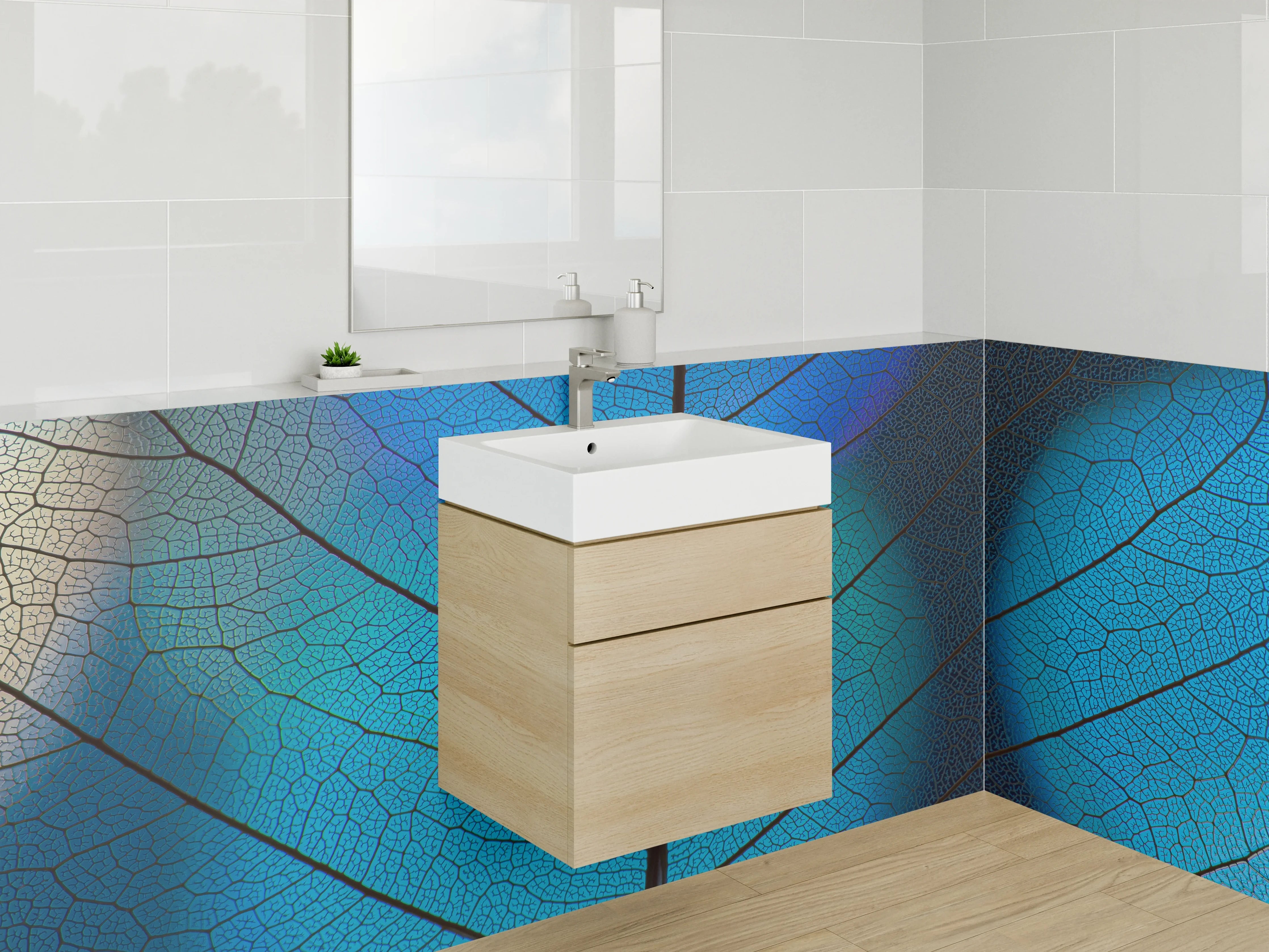 Waschbecken-Rückwand - Blaue Blattform mit feinen Adern