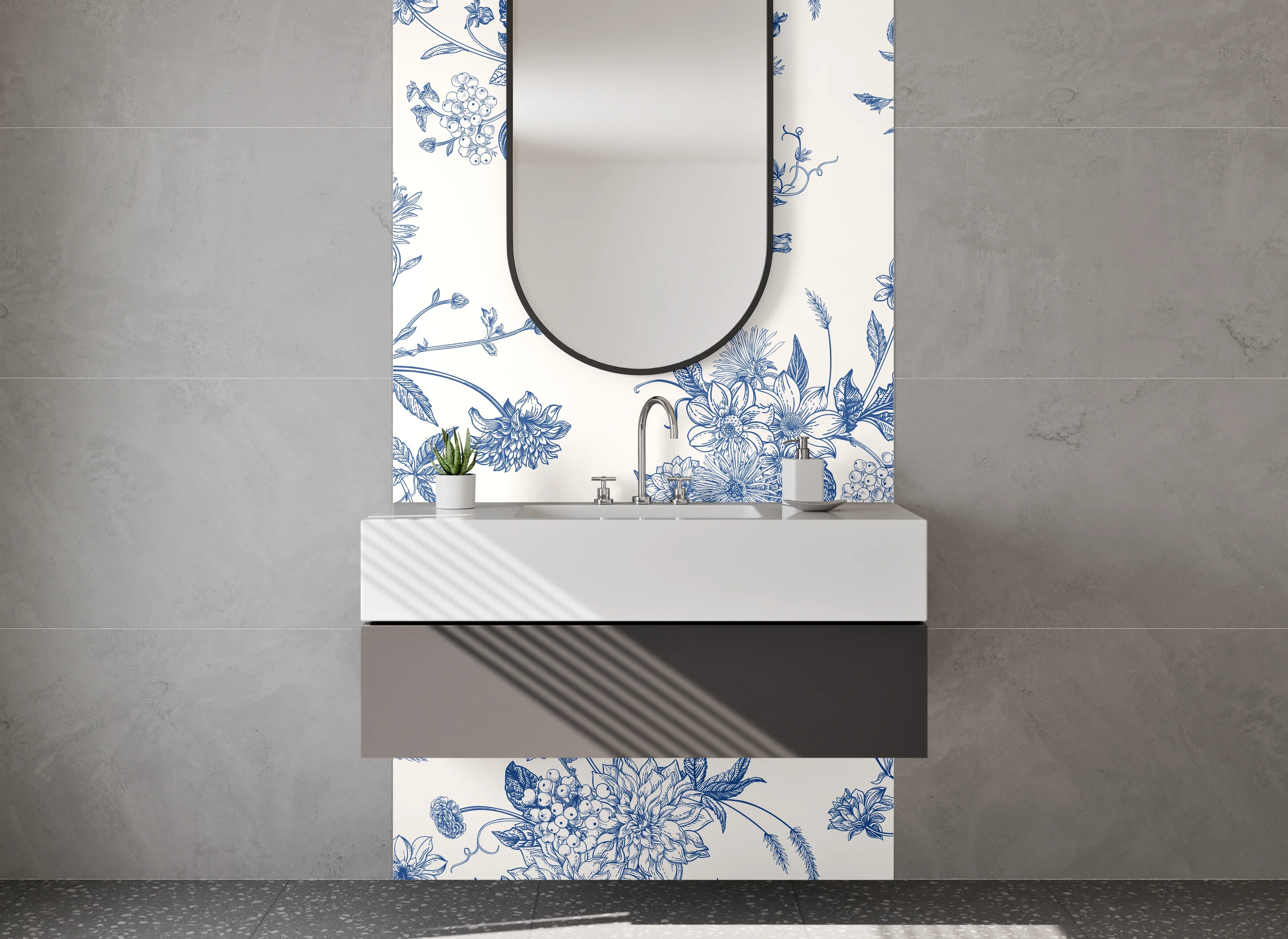 Waschbecken-Rückwand - Blaue Blumen Ornamente Muster