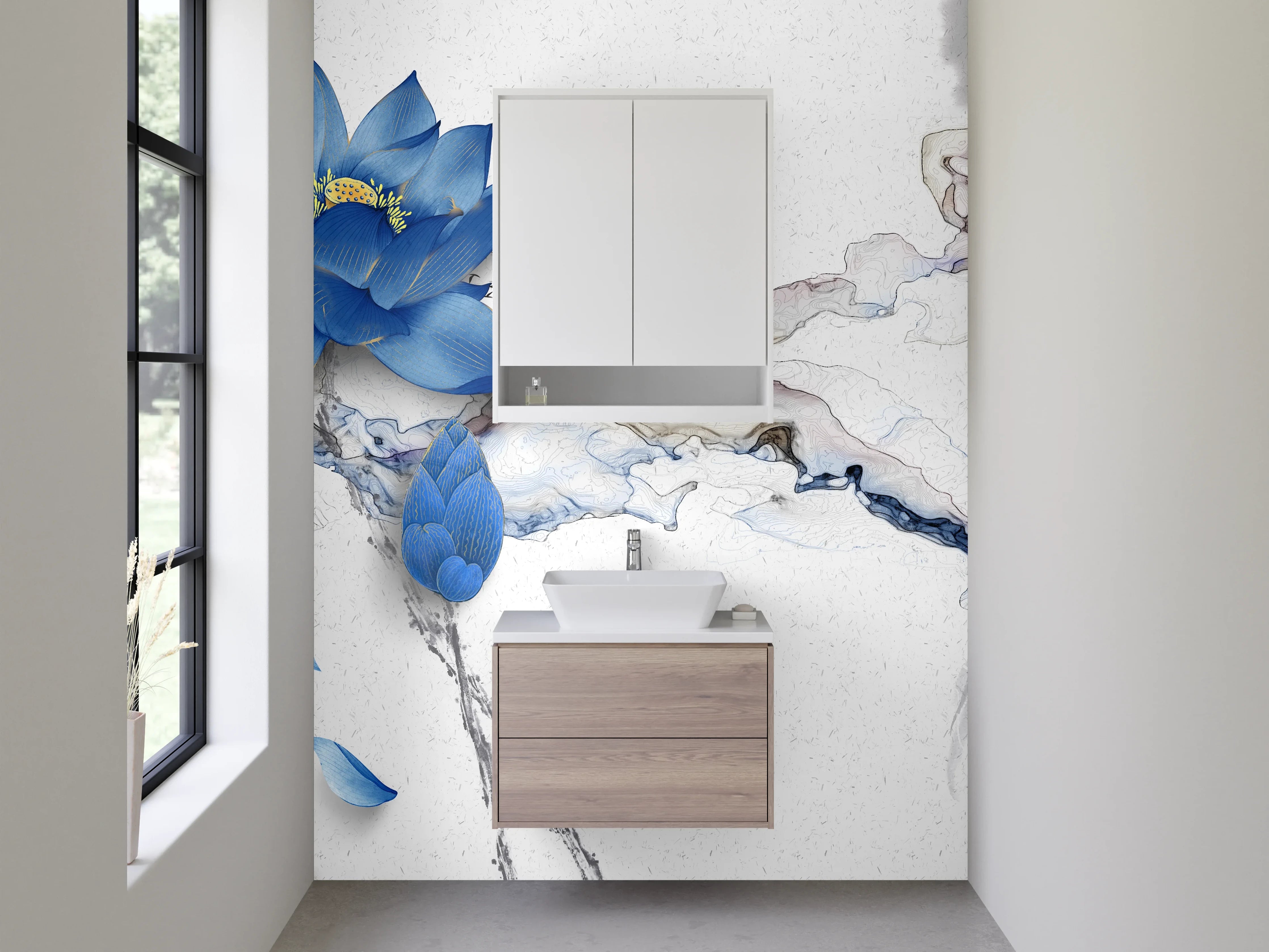 Waschbecken-Rückwand - Blaue Lotusblume auf Marmoroptik