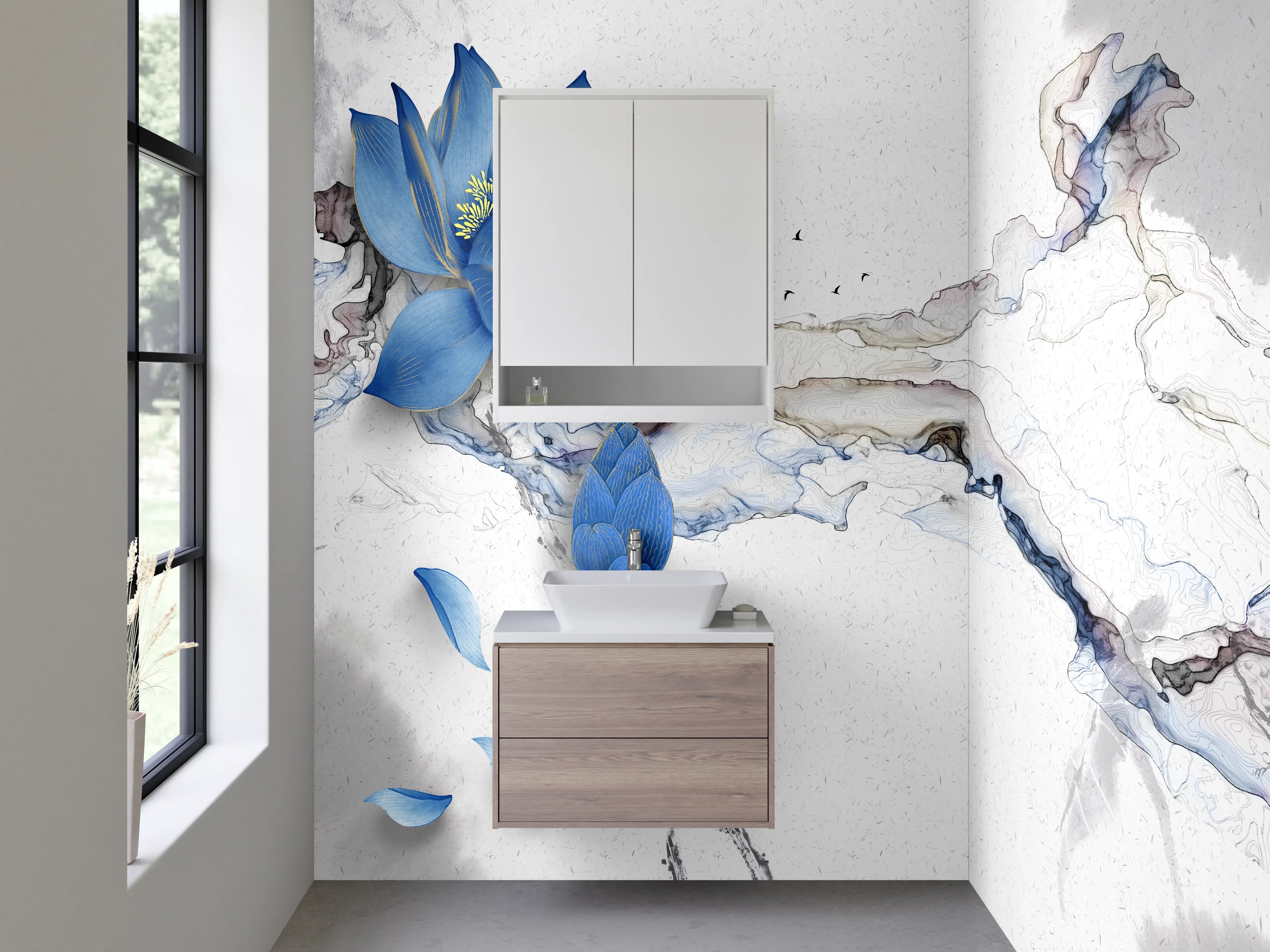 Waschbecken-Rückwand - Blaue Lotusblume auf Marmoroptik