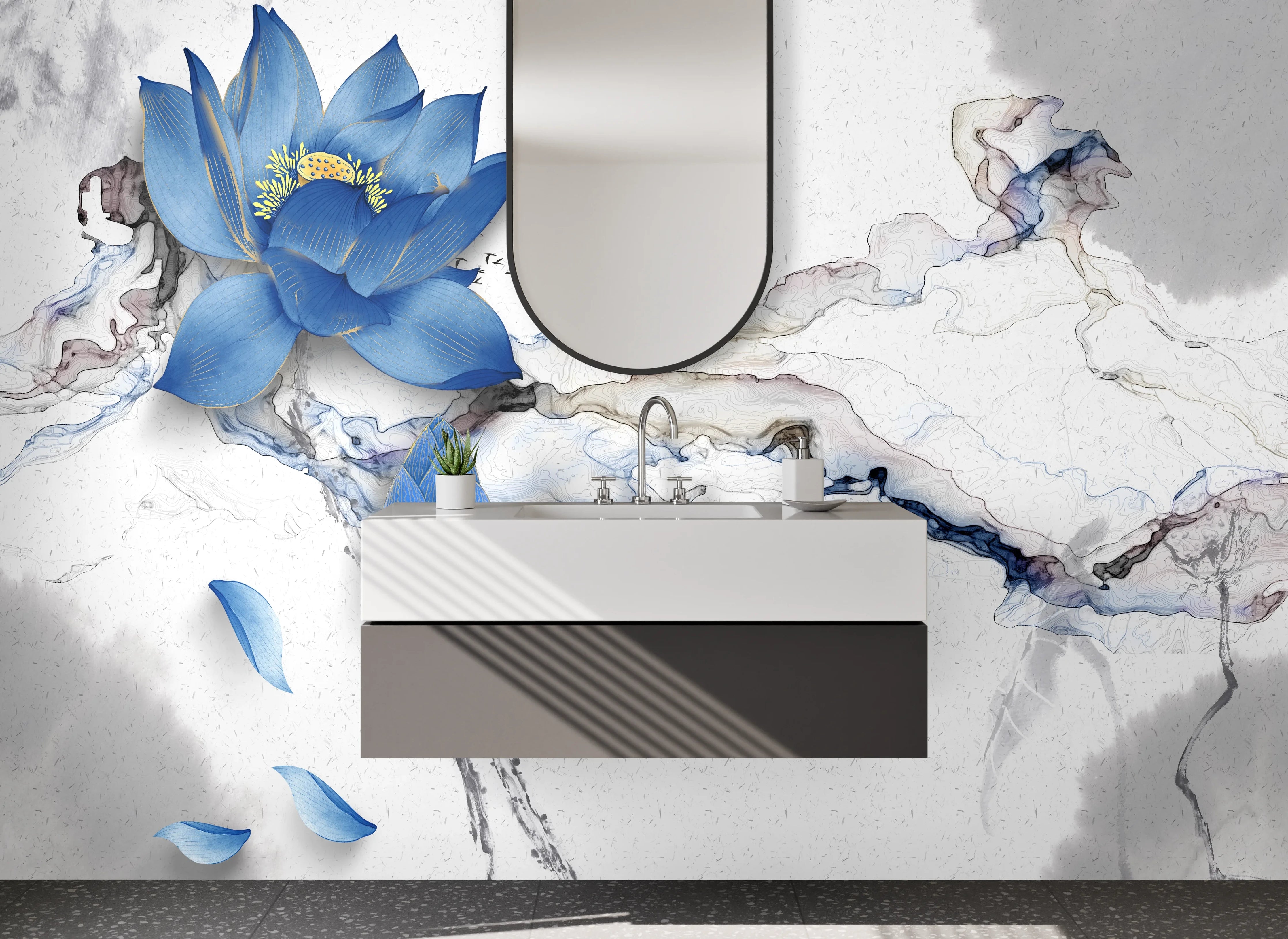 Waschbecken-Rückwand - Blaue Lotusblume auf Marmoroptik