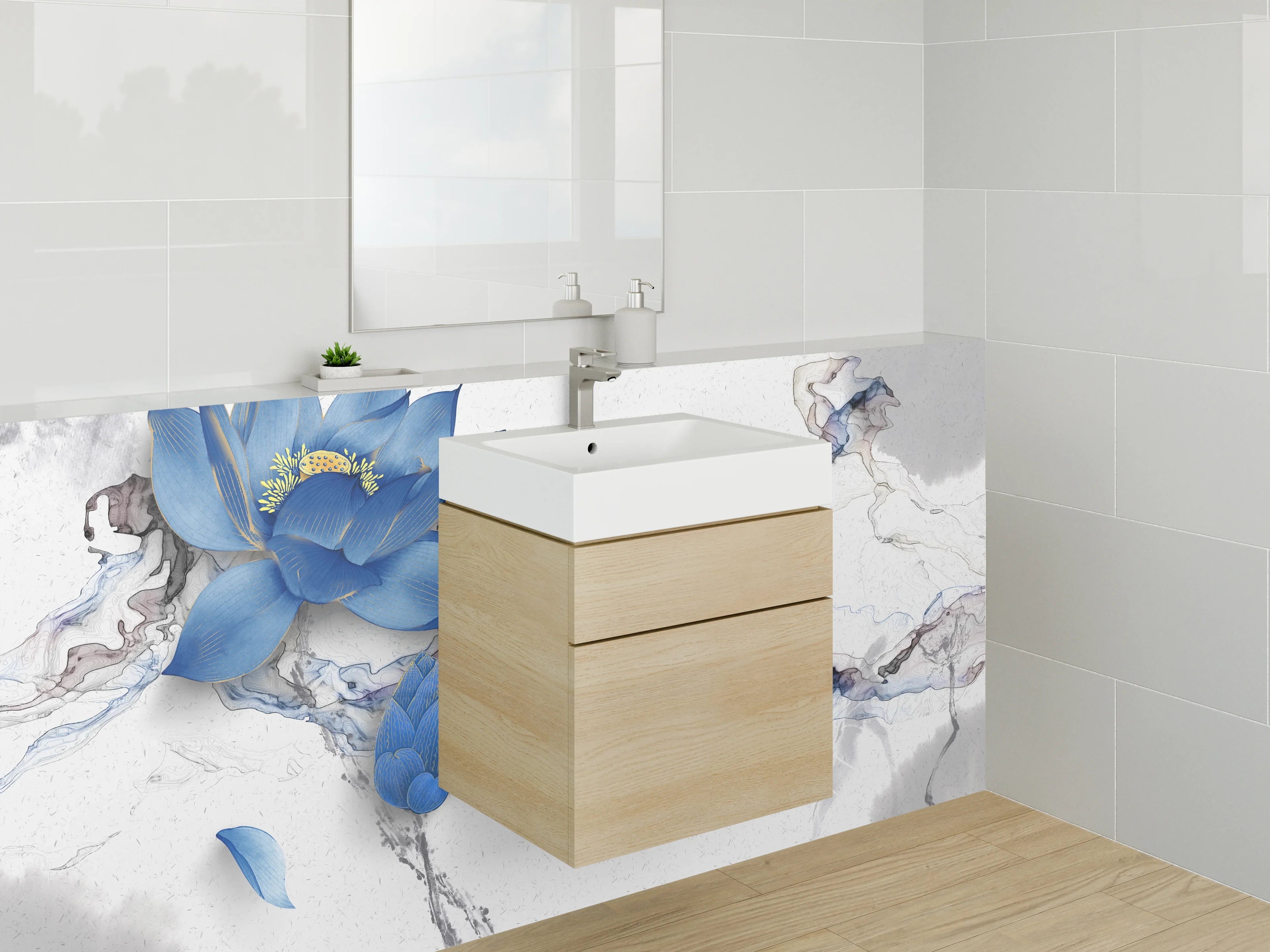 Waschbecken-Rückwand - Blaue Lotusblume auf Marmoroptik