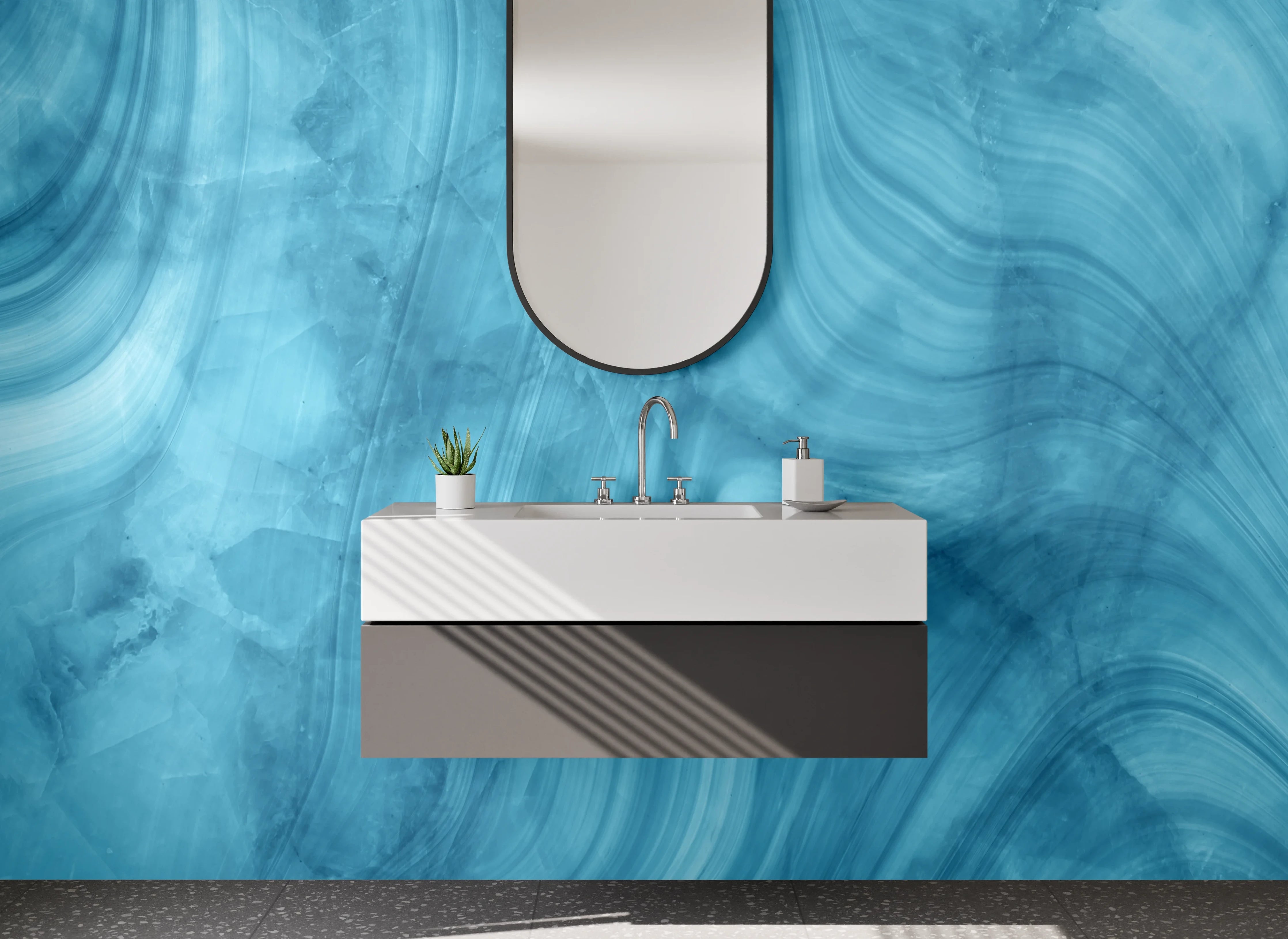 Waschbecken-Rückwand - Blaue Marmor-Textur mit weißen Linien