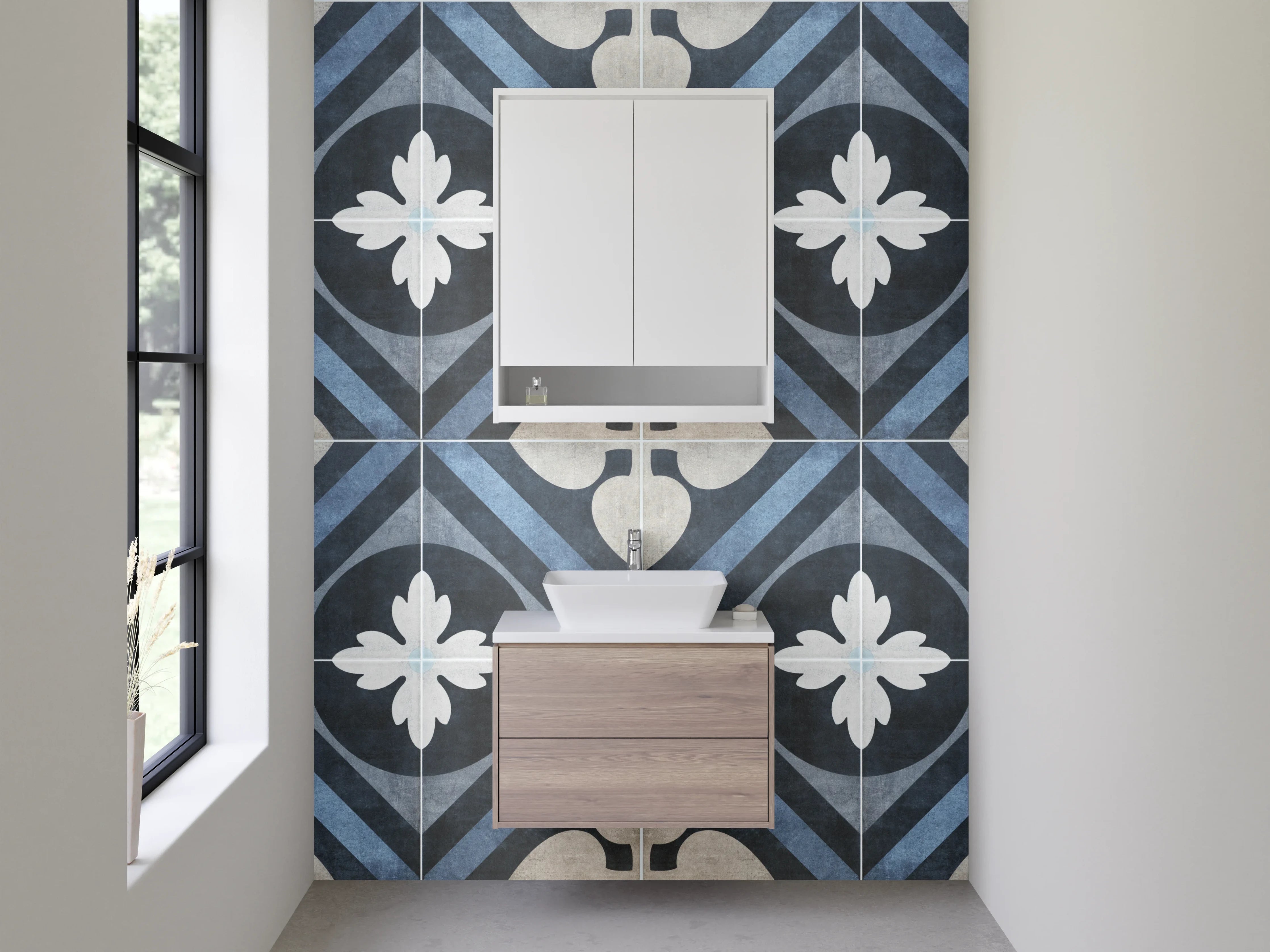 Waschbecken-Rückwand - Blaue Ornamente mit grauweißen Akzenten