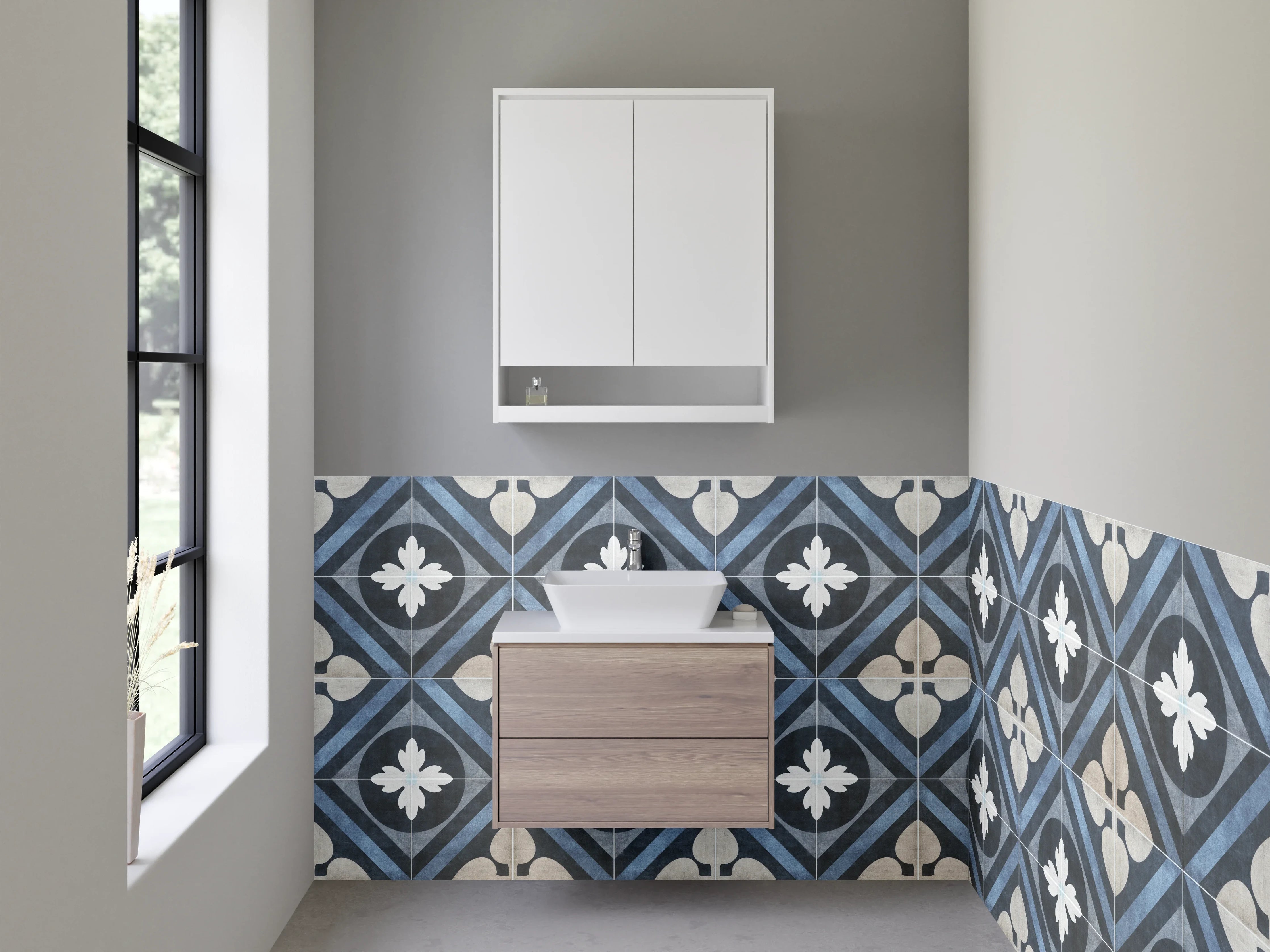 Waschbecken-Rückwand - Blaue Ornamente mit grauweißen Akzenten