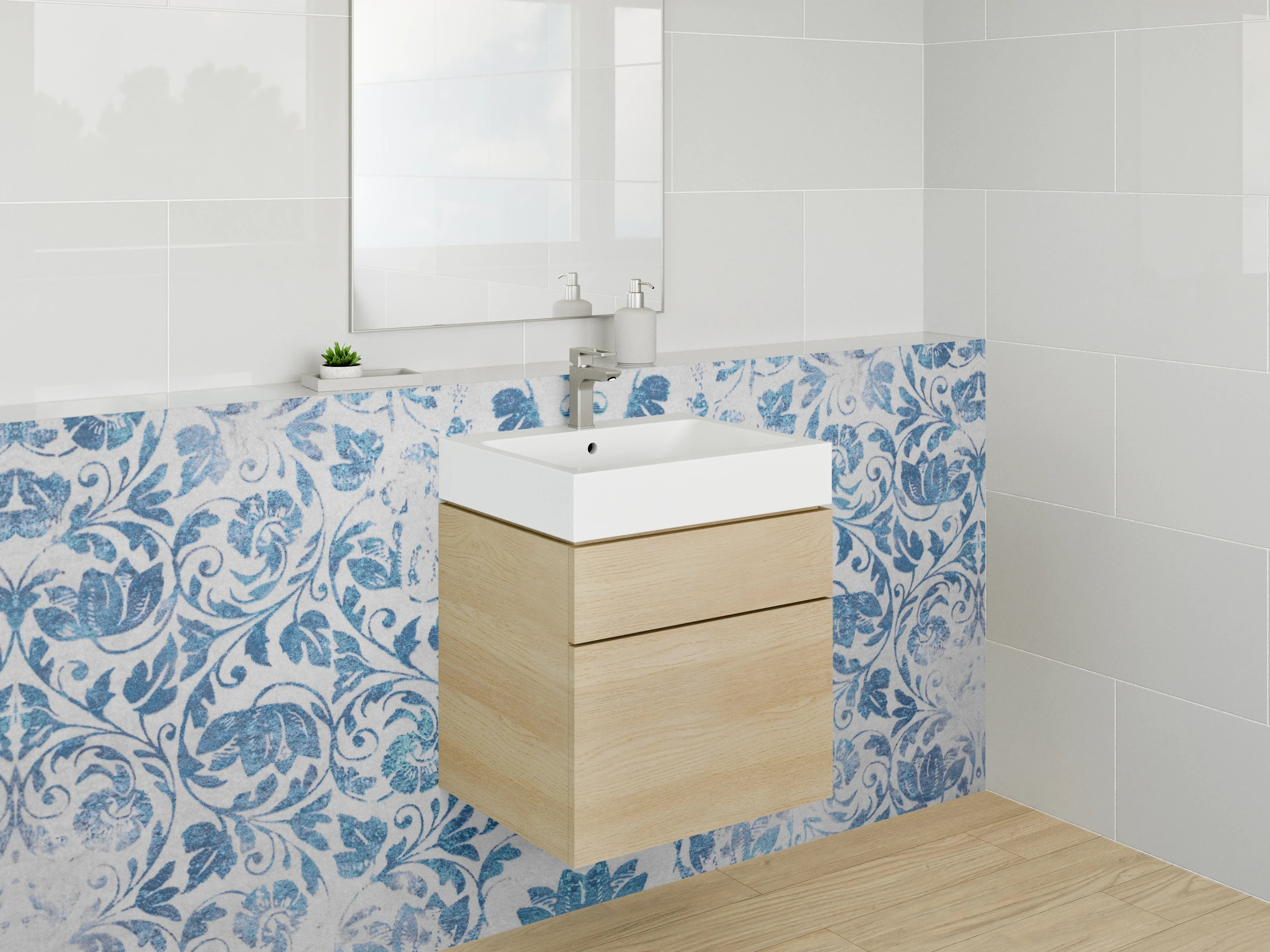 Waschbecken-Rückwand - Blaue Ornamentik Aquarell Musterfliesen