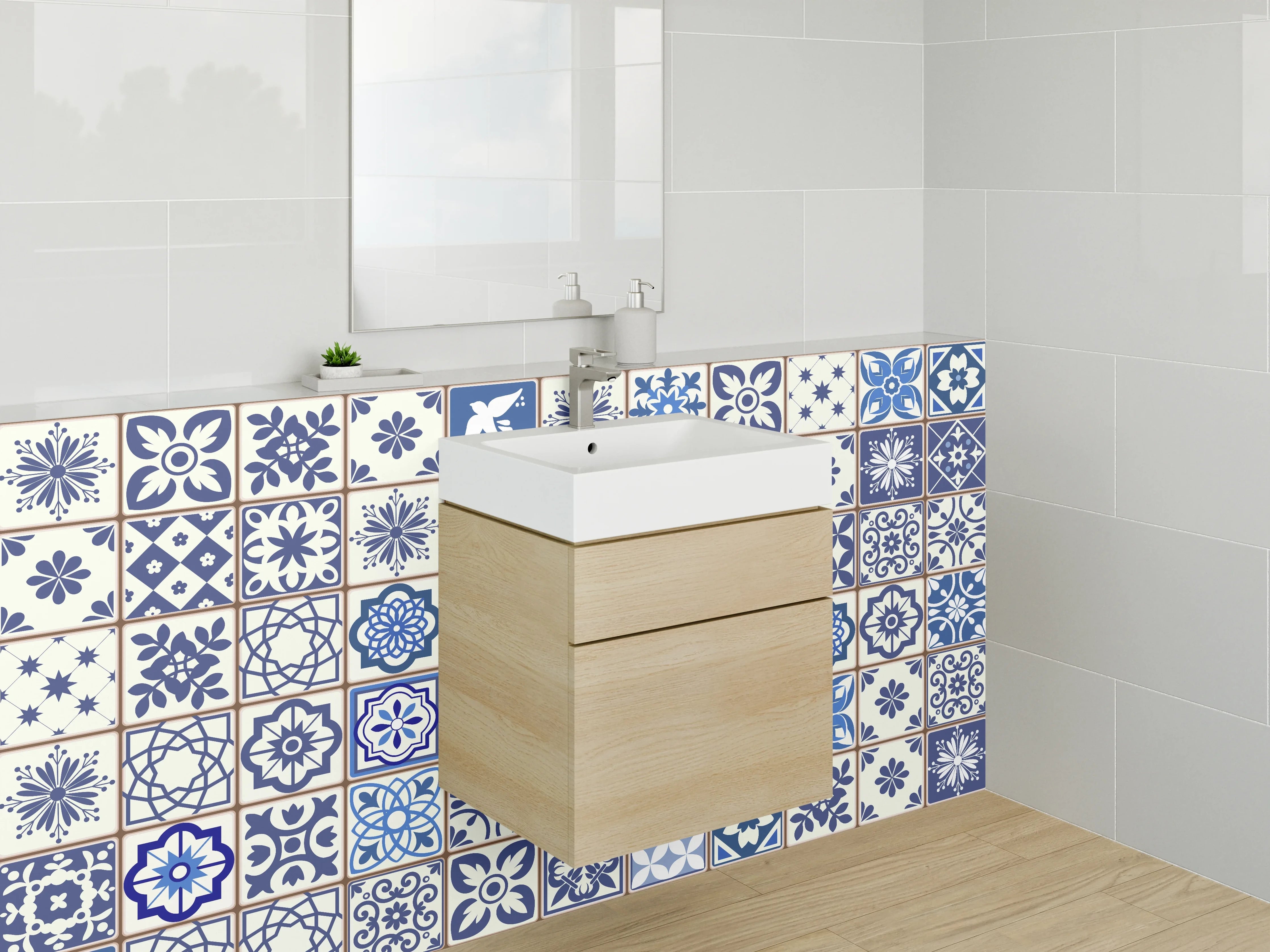 Waschbecken-Rückwand - Blaue Retro-Fliesen Ornamente Küche