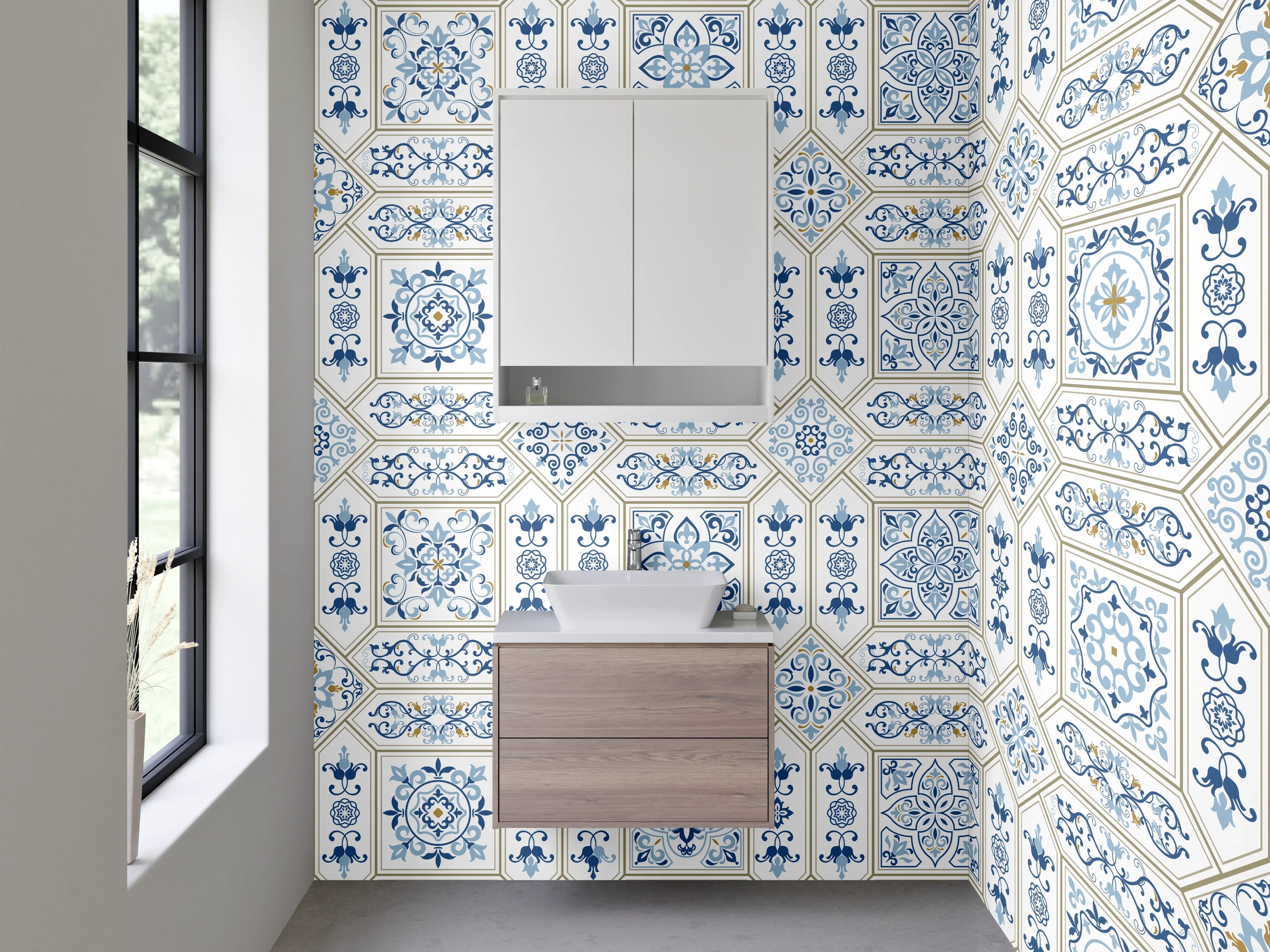 Waschbecken-Rückwand - Blaue Retro-Mosaikfliesen Muster