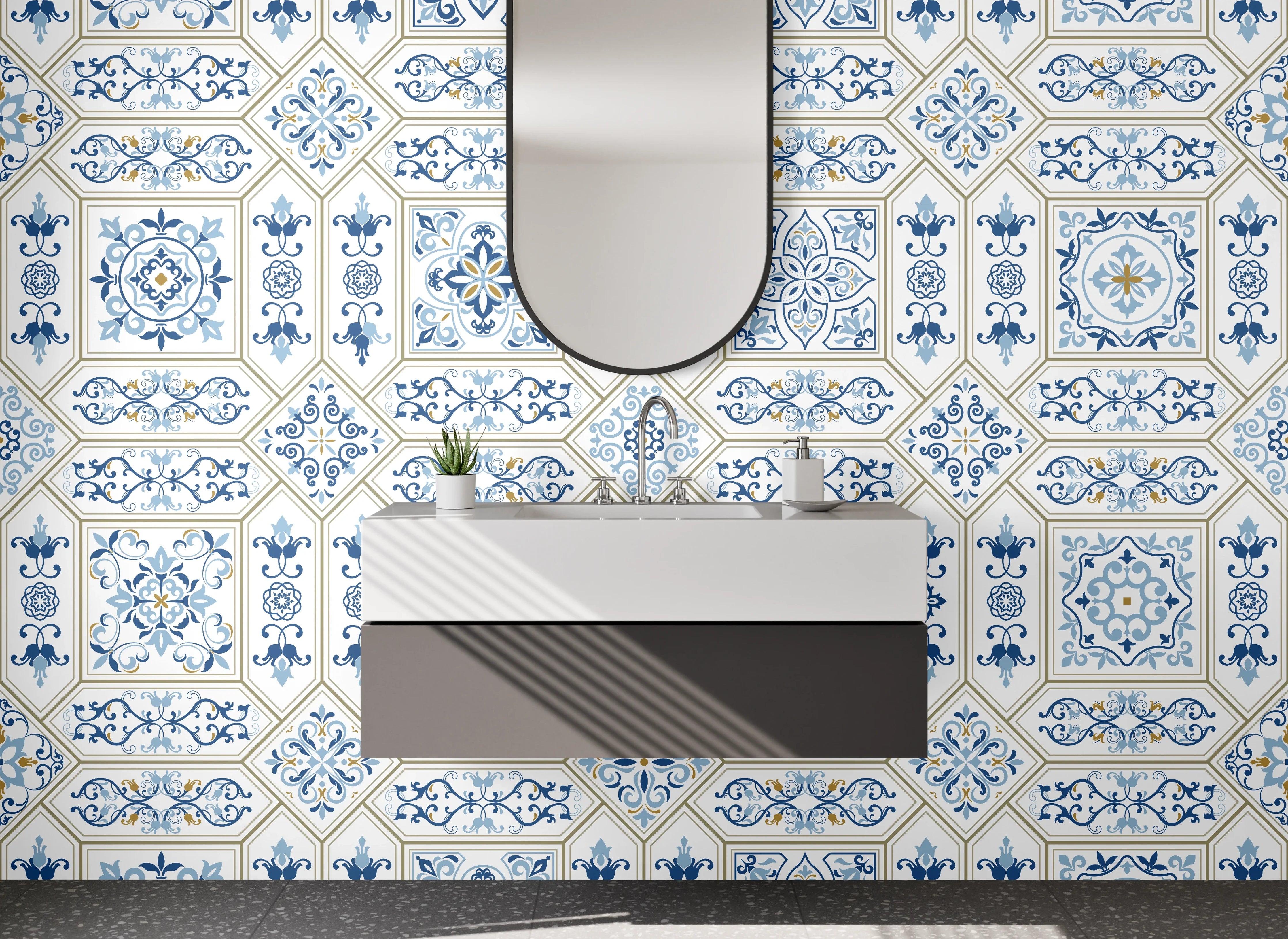 Waschbecken-Rückwand - Blaue Retro-Mosaikfliesen Muster