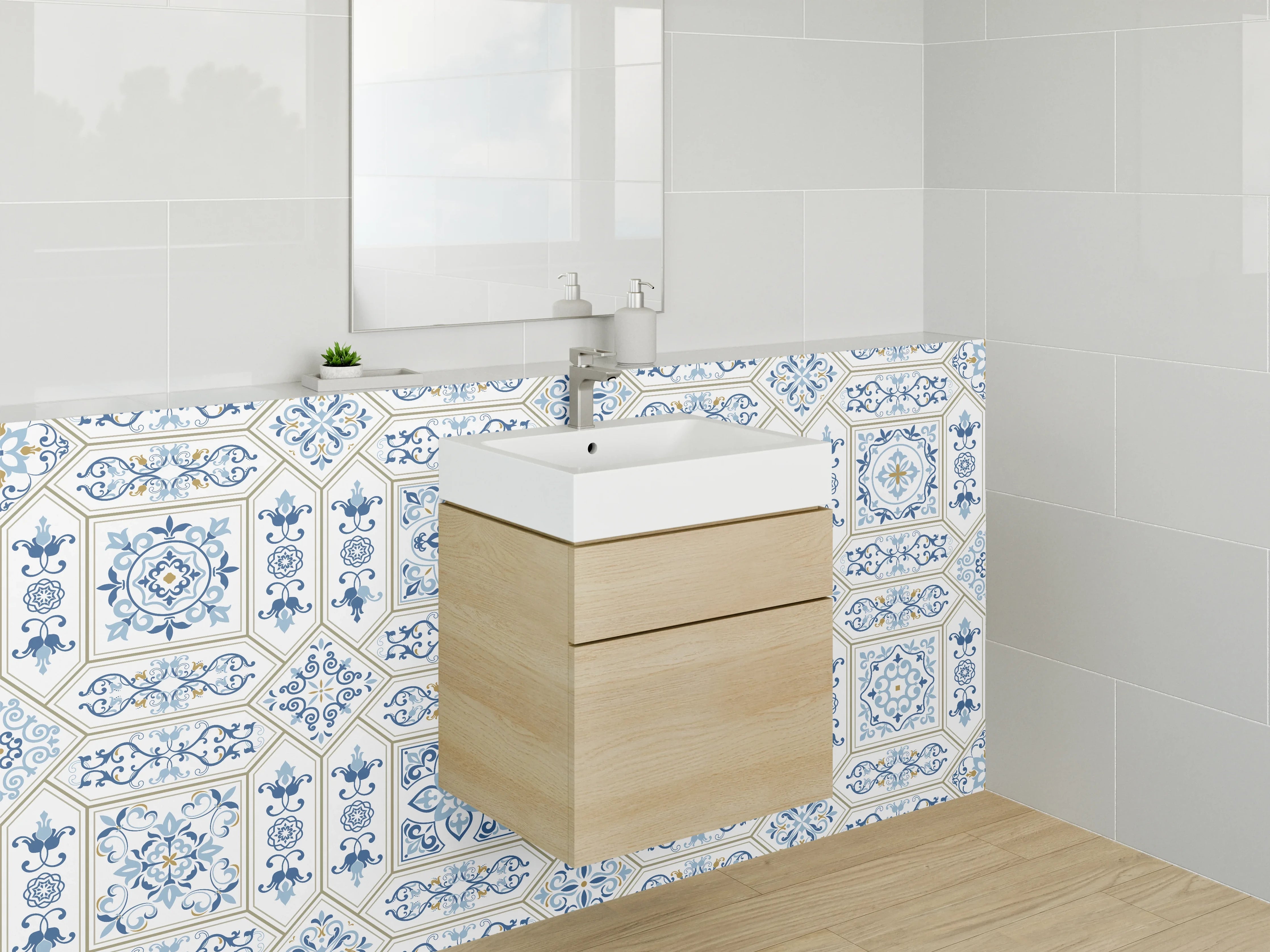 Waschbecken-Rückwand - Blaue Retro-Mosaikfliesen Muster