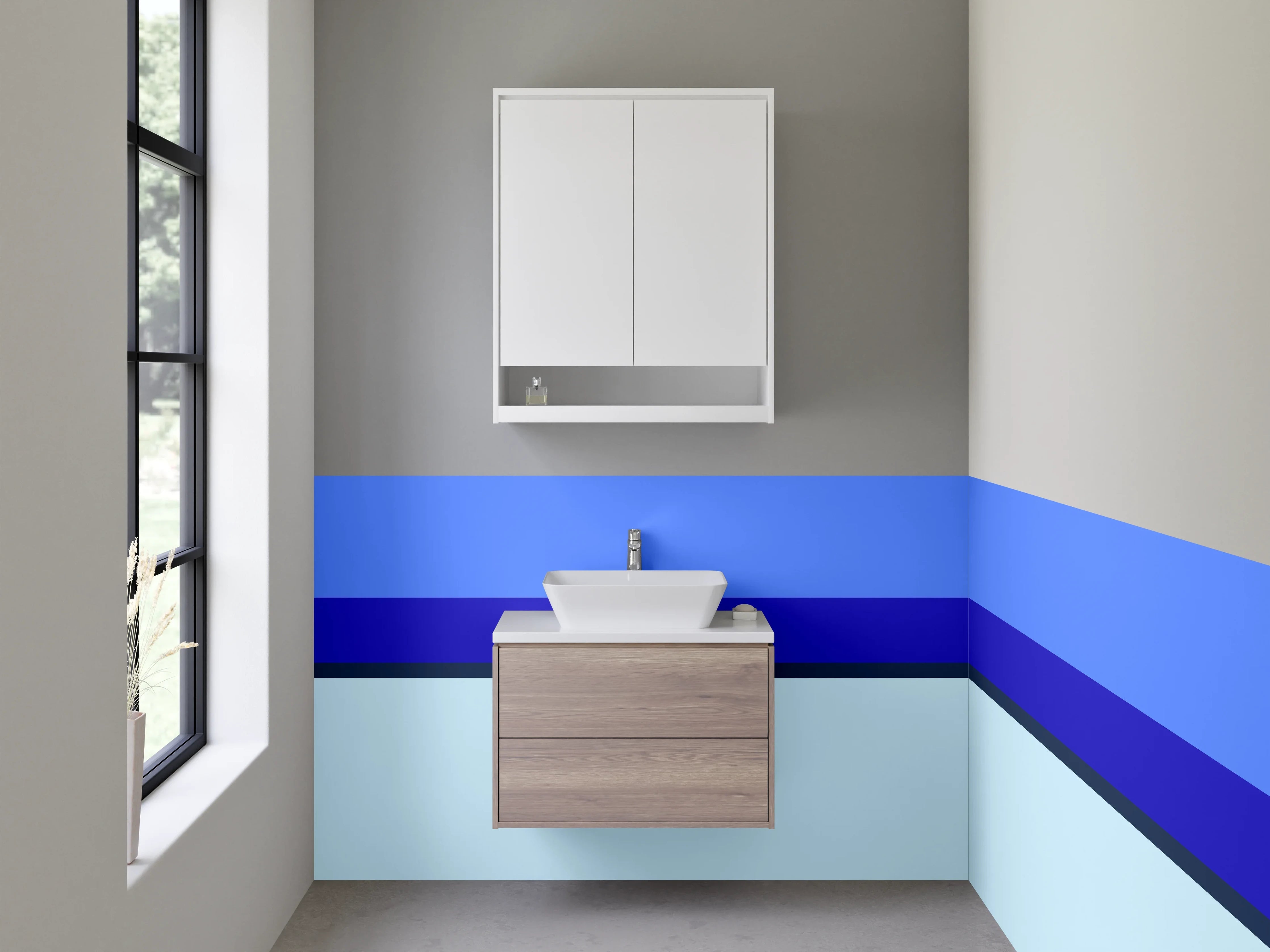 Waschbecken-Rückwand - Blaue Streifen und helle Flächen