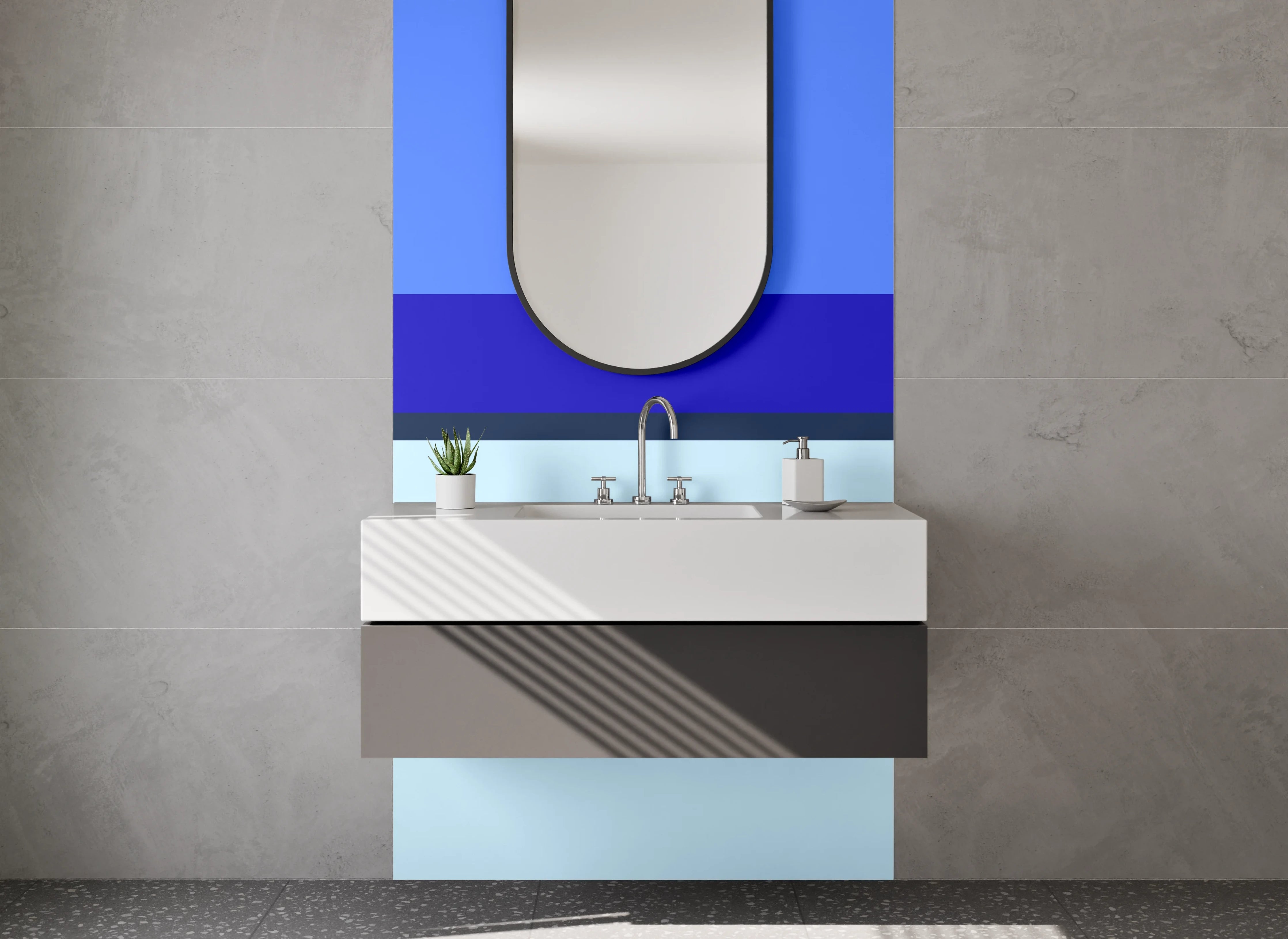 Waschbecken-Rückwand - Blaue Streifen und helle Flächen
