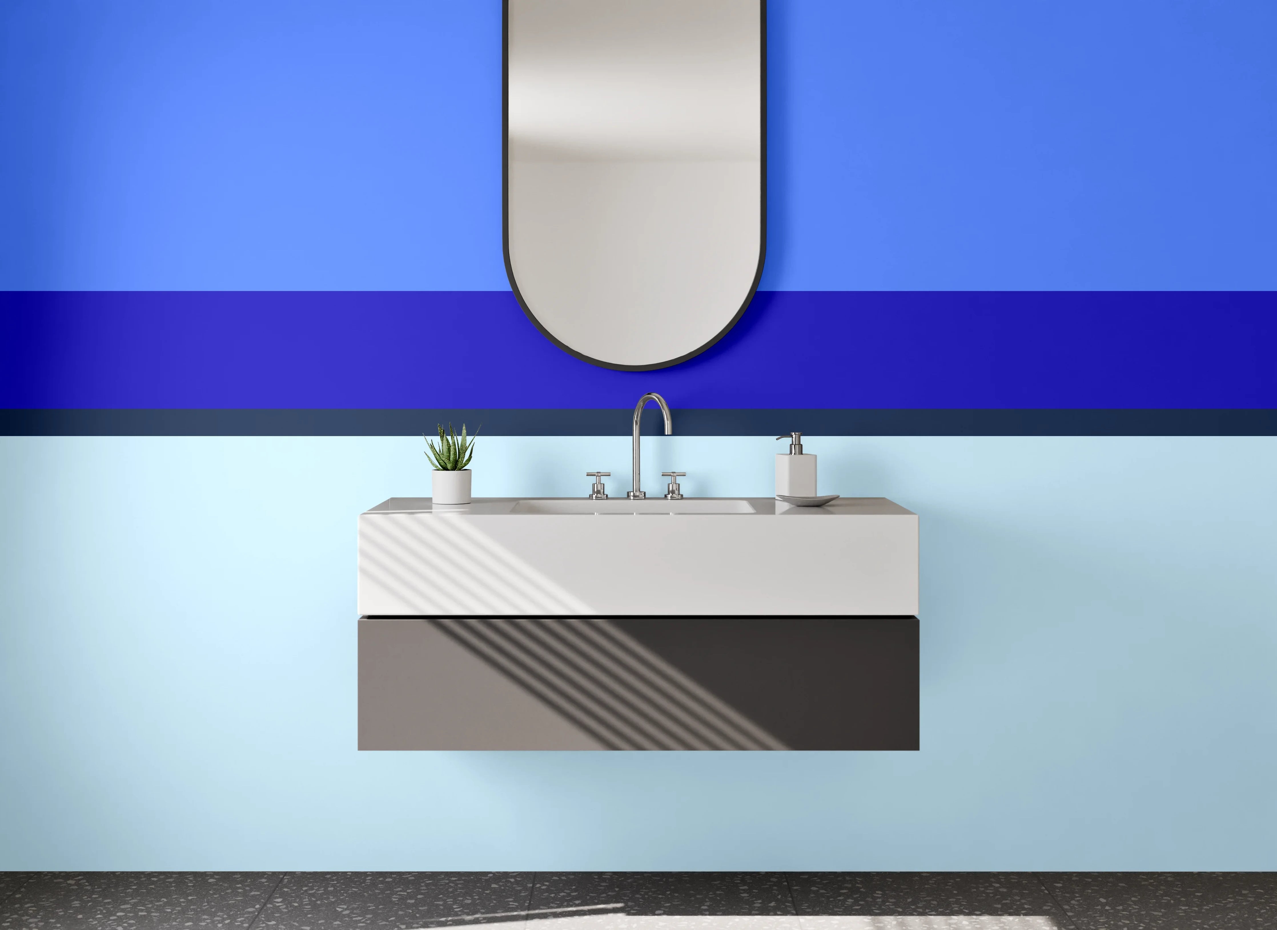 Waschbecken-Rückwand - Blaue Streifen und helle Flächen
