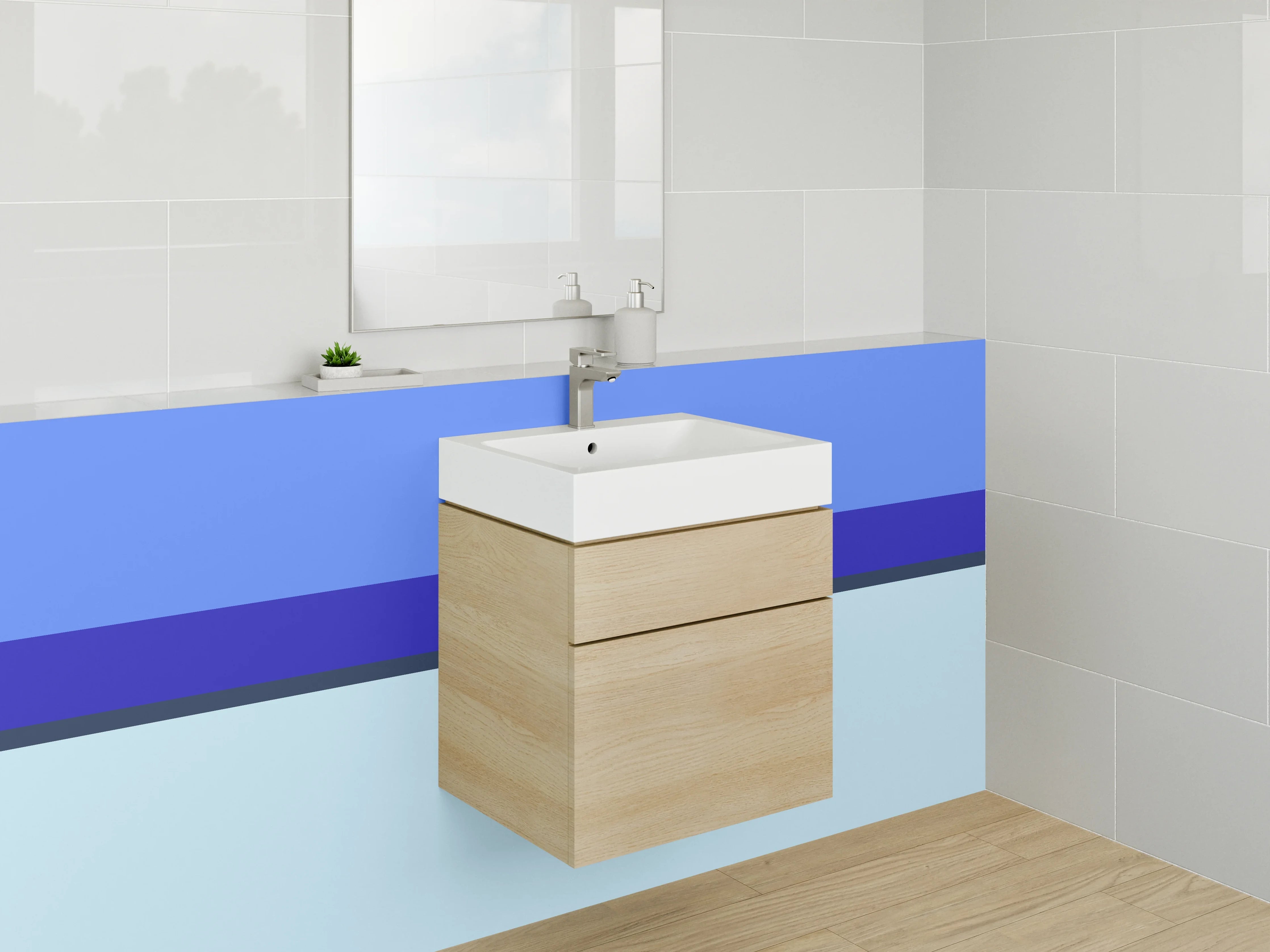 Waschbecken-Rückwand - Blaue Streifen und helle Flächen
