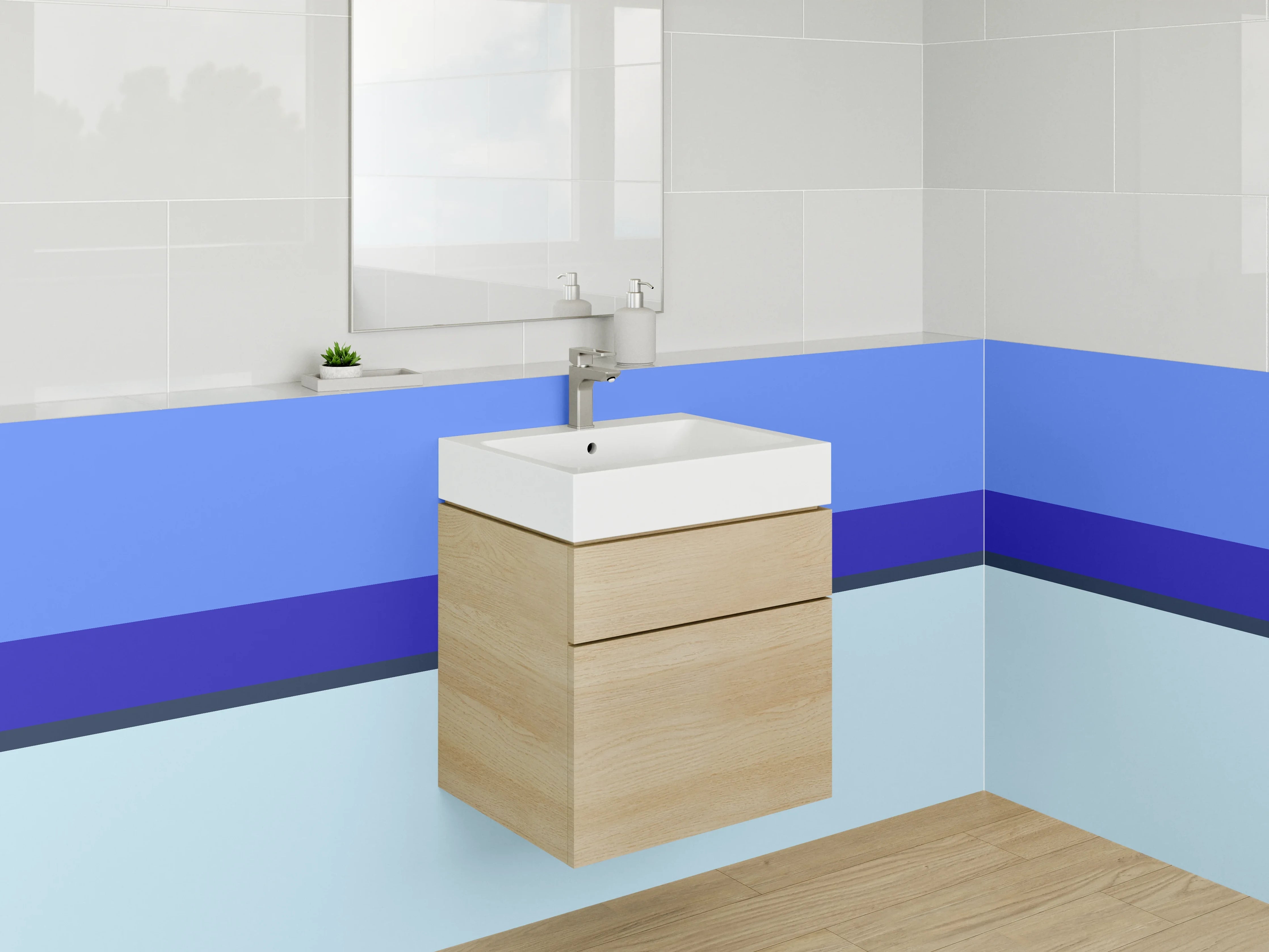 Waschbecken-Rückwand - Blaue Streifen und helle Flächen