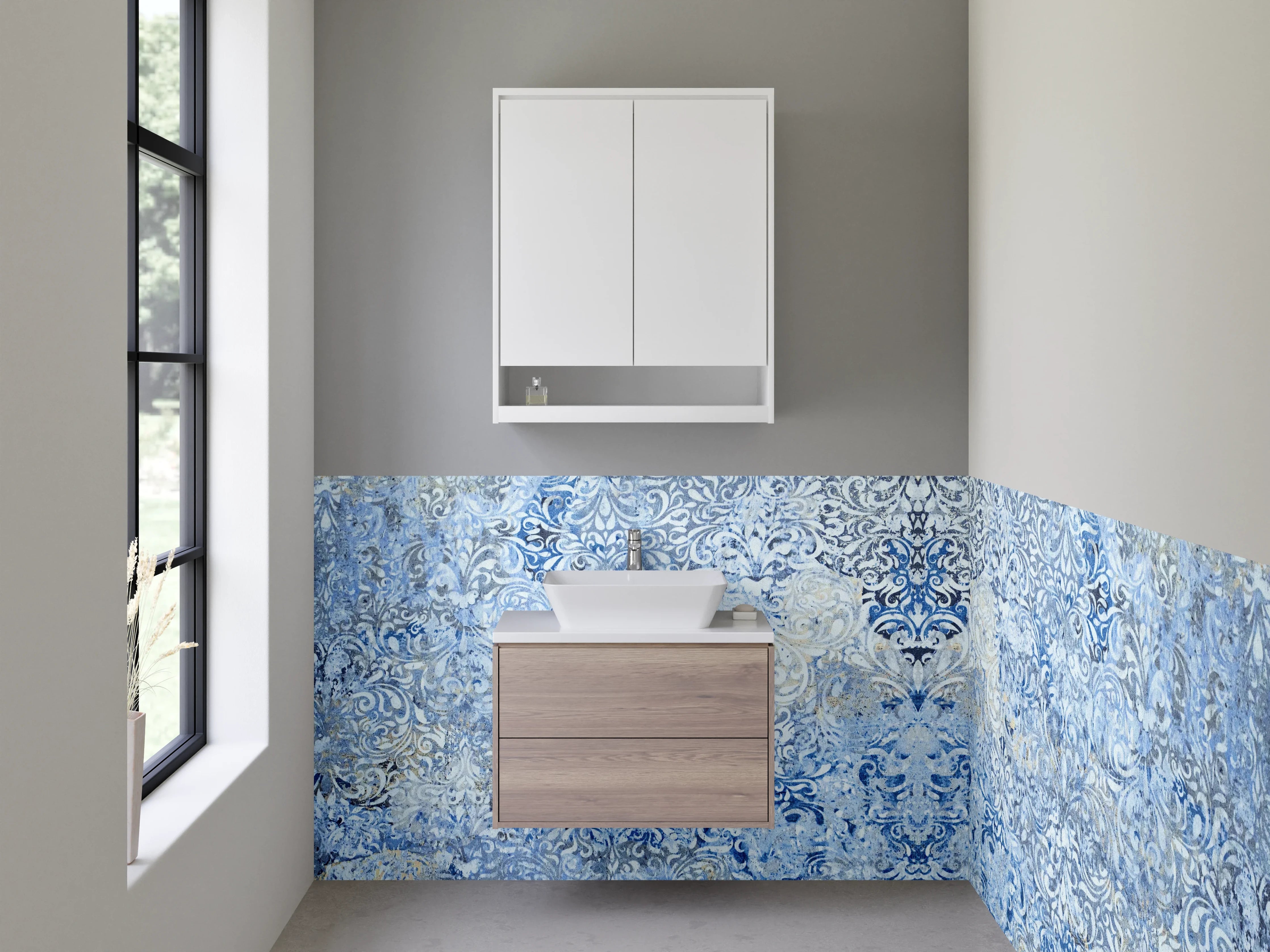 Waschbecken-Rückwand - Blaue Vintage-Tapete mit floralem Muster