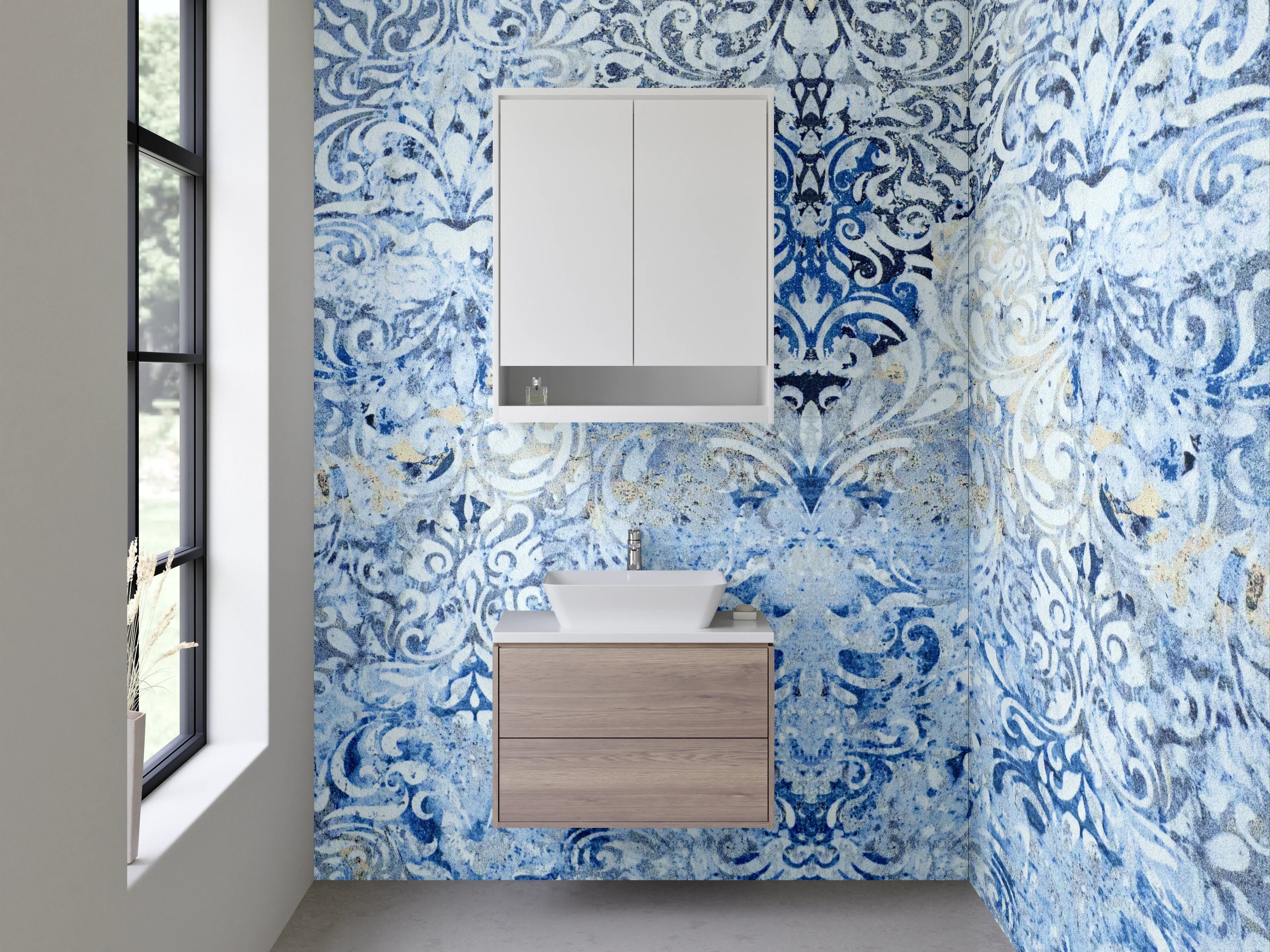 Waschbecken-Rückwand - Blaue Vintage-Tapete mit floralem Muster