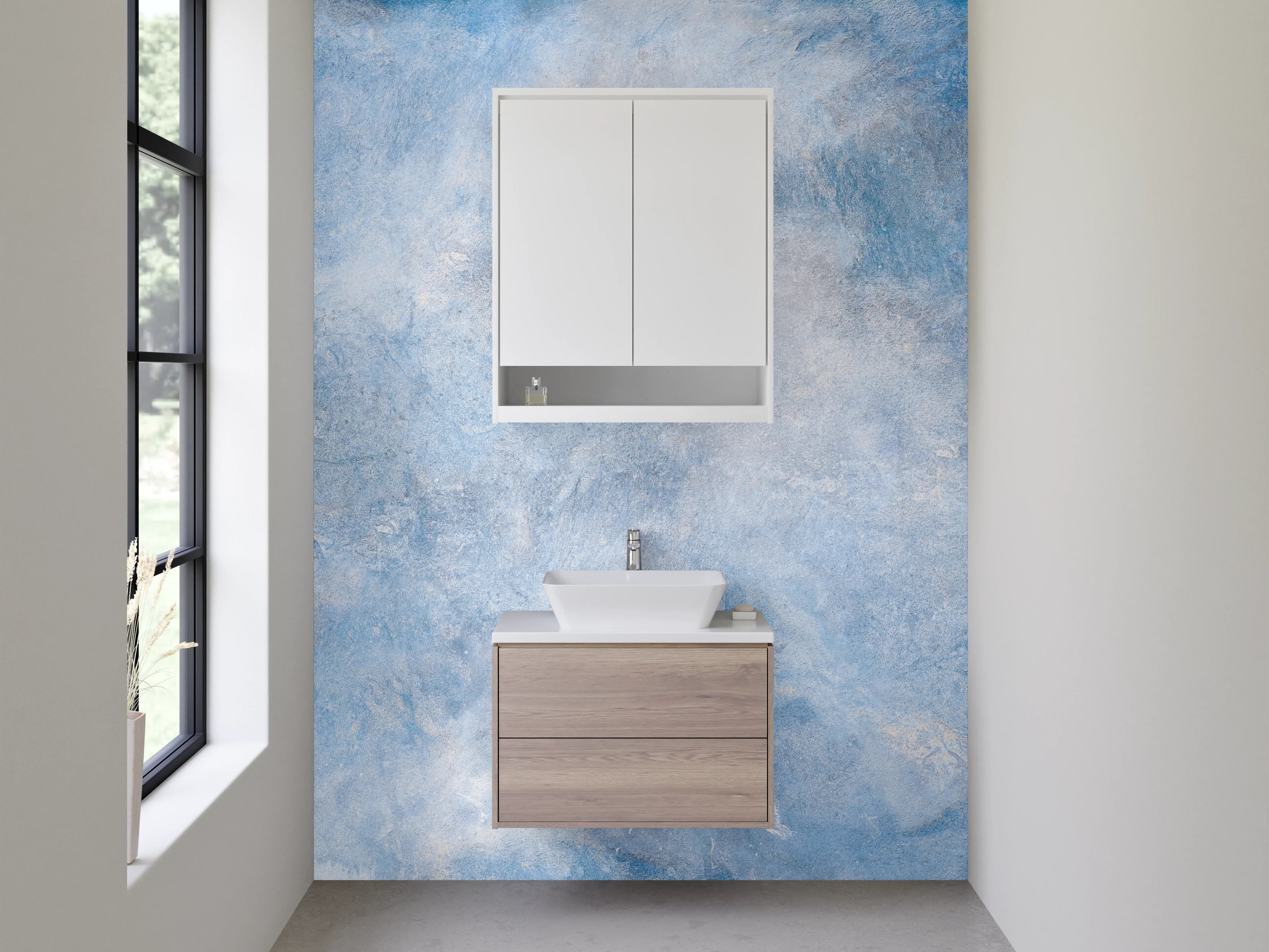 Waschbecken-Rückwand - Blaue Wolkenstruktur Marmoroptik Wand