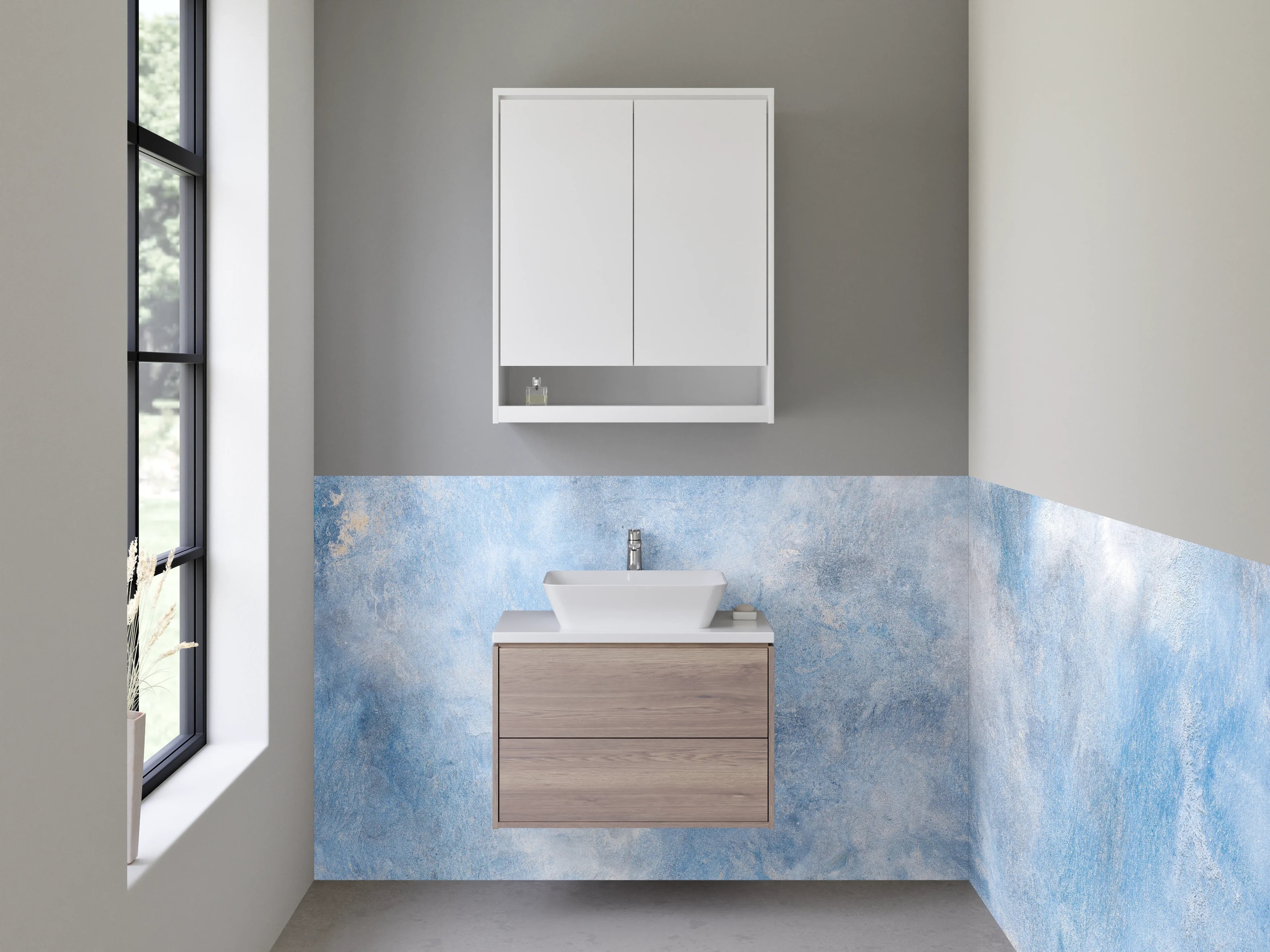 Waschbecken-Rückwand - Blaue Wolkenstruktur Marmoroptik Wand